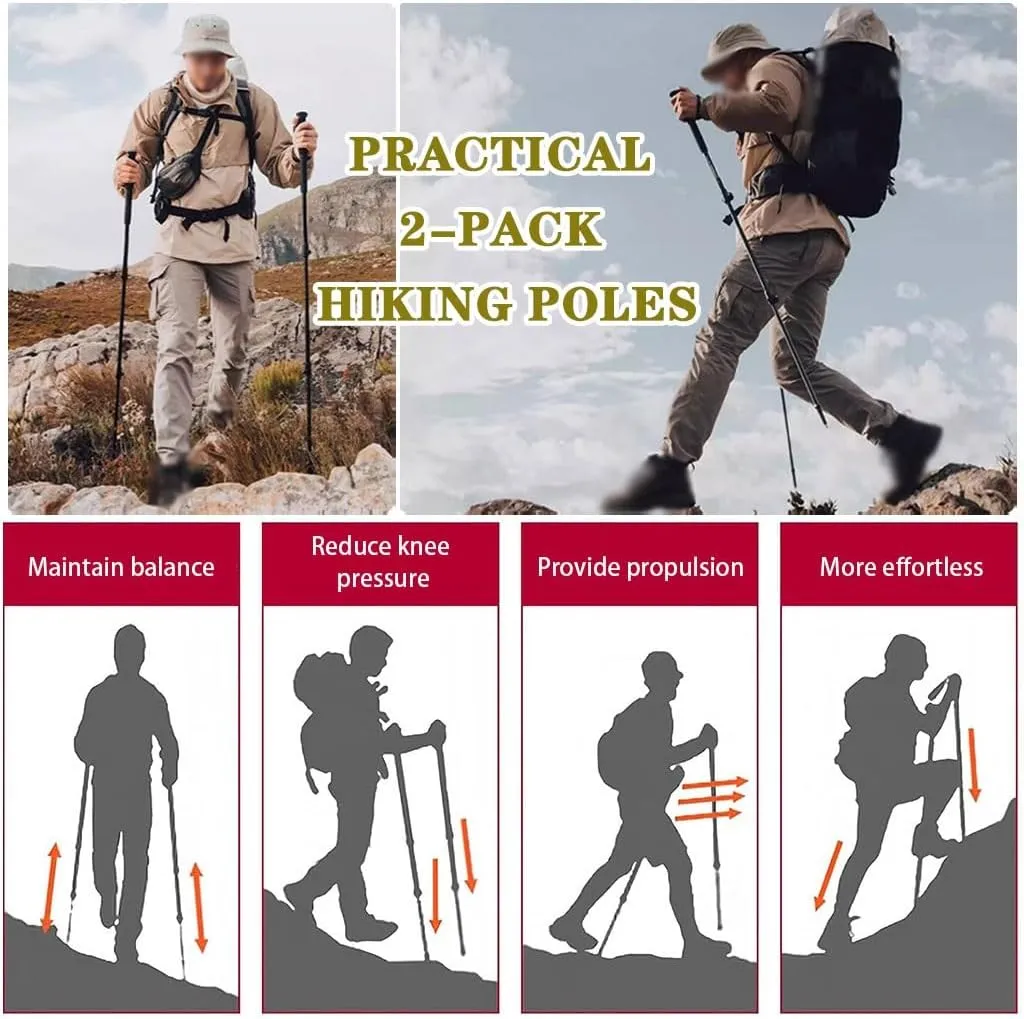 Collapsible Trekking Poles 2 Pack, Adjustable Aluminum Walking Sticks, with Quick Adjustable Locks, for Women, Men, Seniors