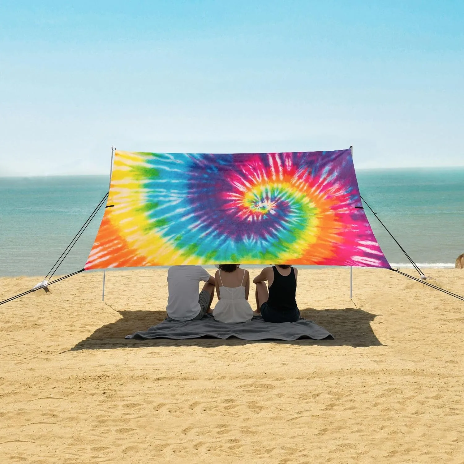 Colorful Tie Dye Beach Canopy Tent Anti-UV & Wind Resistant, Rainbow Ethnic Camping Sun Shelter Easy Setup Portable,Outdoor Shade Tents with Sandbags,Sand Shovels,Ground Pegs & Stability Poles