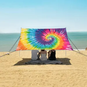 Colorful Tie Dye Beach Canopy Tent Anti-UV & Wind Resistant, Rainbow Ethnic Camping Sun Shelter Easy Setup Portable,Outdoor Shade Tents with Sandbags,Sand Shovels,Ground Pegs & Stability Poles