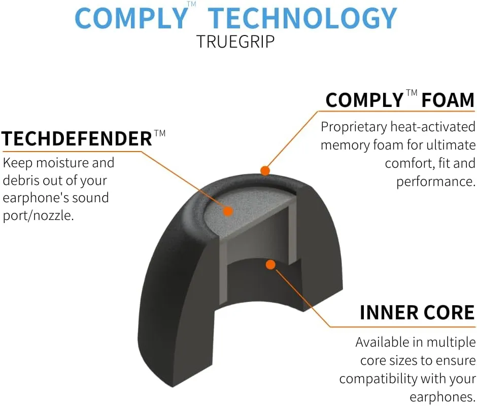 Comply TW-200-A | Memory Foam Replacement Earbud Tips for Anker Soundcore, JBL, Skullcandy, EarFun & More | Ultimate Comfort, Secure Fit, Superior Noise Isolation | Black, Large (3 Pairs)
