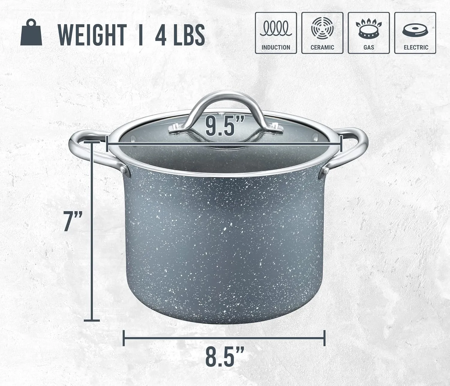 Concord Granite Nonstick 7 Quart Stock Pot Cookware Set (Induction Compatible) (Grey)