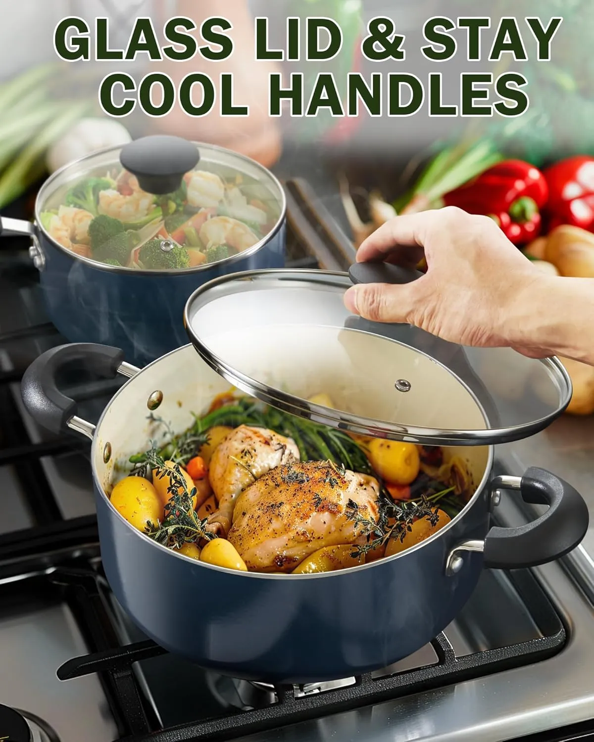 Cook N Home Pots and Pans Set Nonstick, 10-Piece Ceramic Kitchen Cookware Sets, Nonstick Cooking Set with Saucepans, Frying Pans, Dutch Oven Pot with Lids, Blue