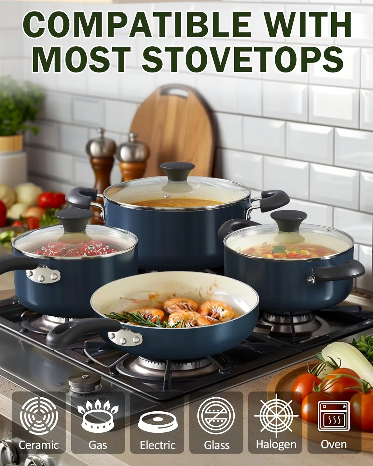 Cook N Home Pots and Pans Set Nonstick, 10-Piece Ceramic Kitchen Cookware Sets, Nonstick Cooking Set with Saucepans, Frying Pans, Dutch Oven Pot with Lids, Blue