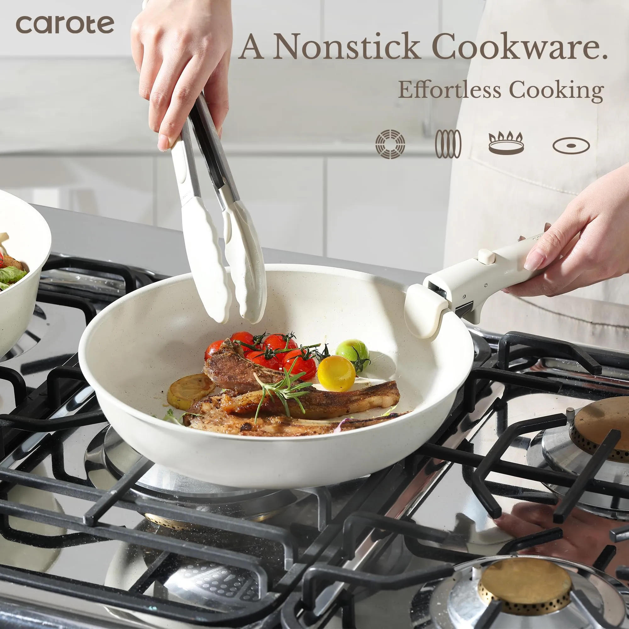 Cookware White RV Set, Oven Positive feedback Safe Nonstick Handle, CAROTE Safe, Pots Kitchen Induction Set, 11pcs Detachable/Removable Cream and Pans