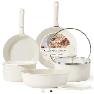 Cookware White RV Set, Oven Positive feedback Safe Nonstick Handle, CAROTE Safe, Pots Kitchen Induction Set, 11pcs Detachable/Removable Cream and Pans