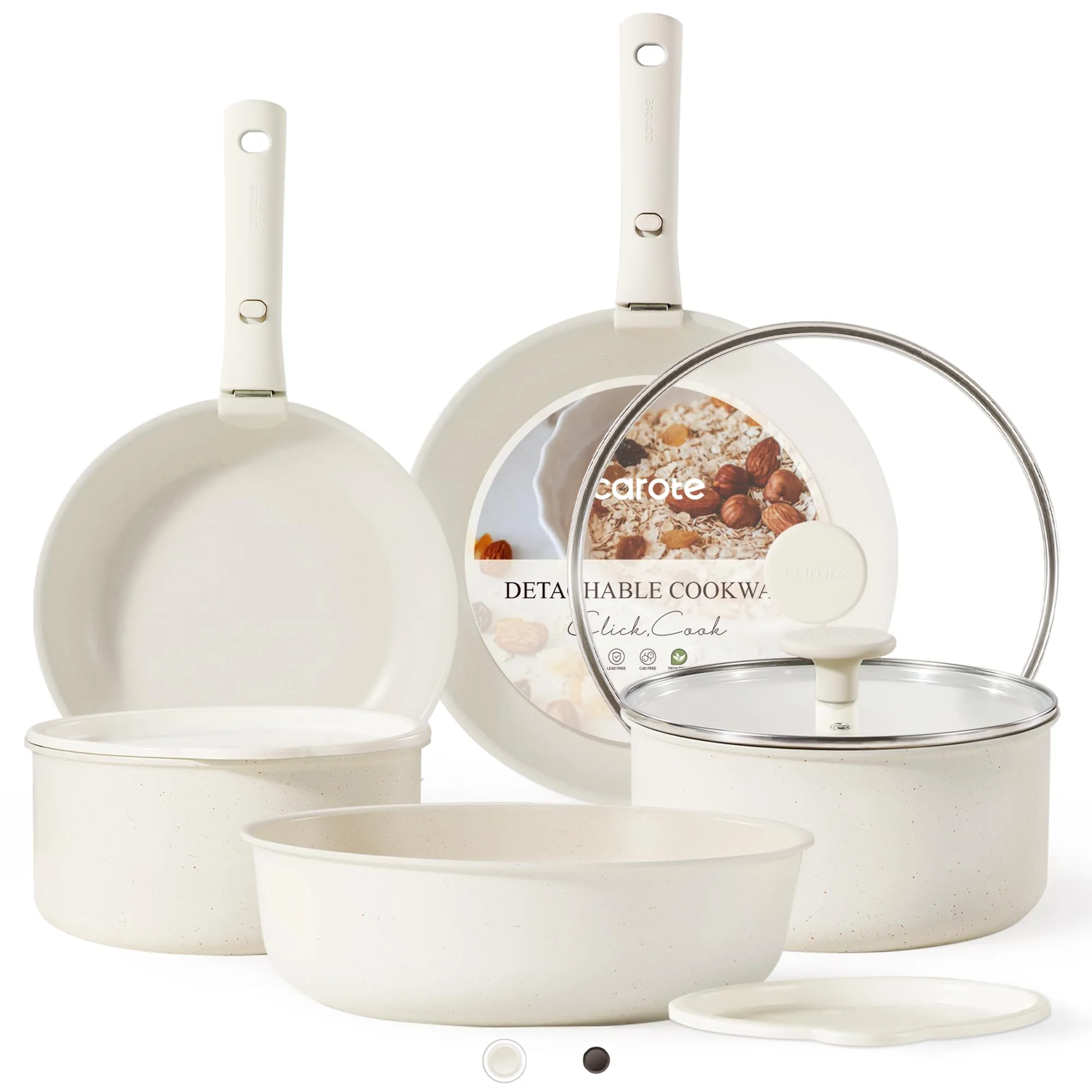 Cookware White RV Set, Oven Positive feedback Safe Nonstick Handle, CAROTE Safe, Pots Kitchen Induction Set, 11pcs Detachable/Removable Cream and Pans