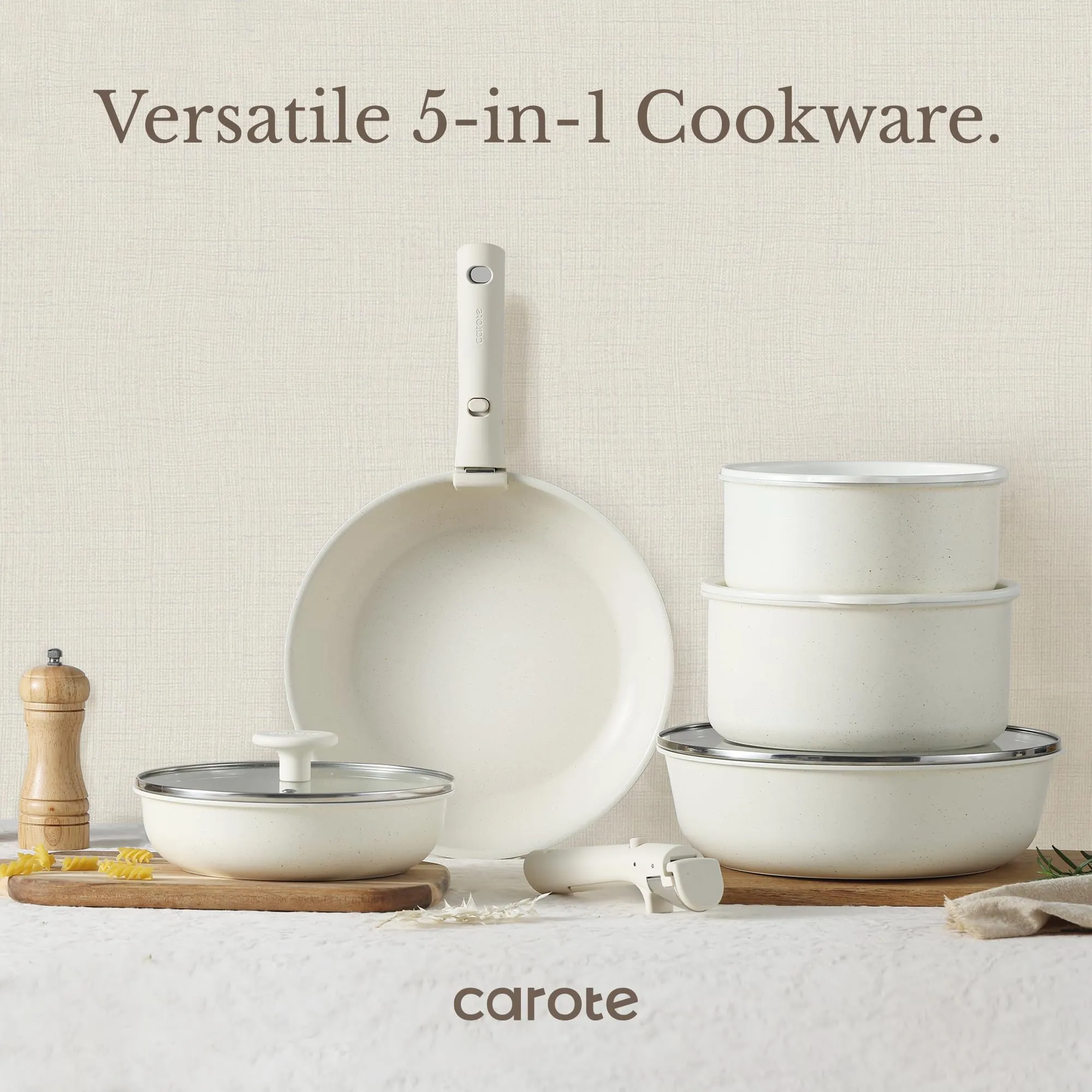 Cookware White RV Set, Oven Positive feedback Safe Nonstick Handle, CAROTE Safe, Pots Kitchen Induction Set, 11pcs Detachable/Removable Cream and Pans