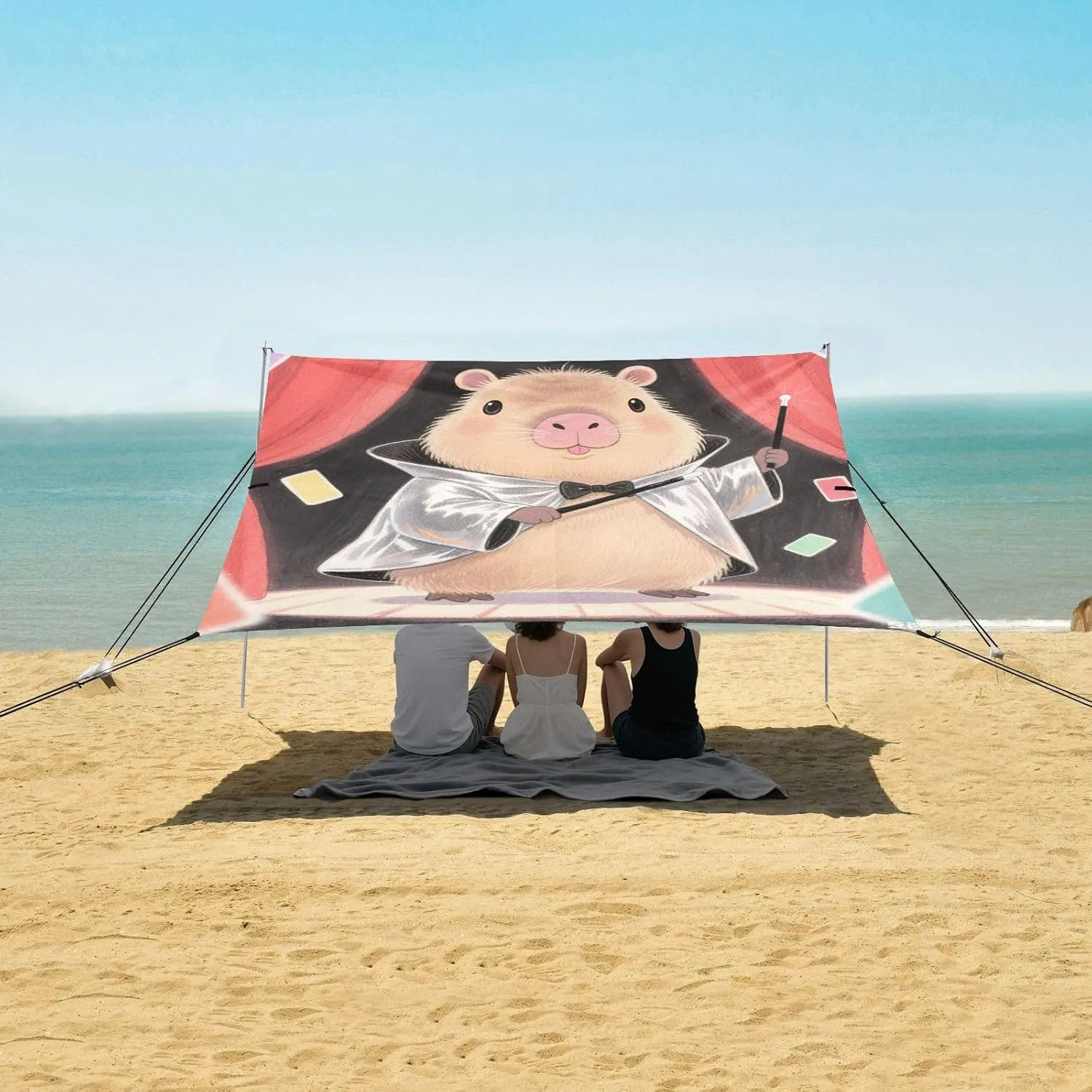 Cool Capybara Magician Beach Canopy Tent Anti-UV & Wind Resistant, Camping Sun Shelter Easy Setup Portable,Outdoor Shade Tents with Sandbags,Sand Shovels,Ground Pegs & Stability Poles