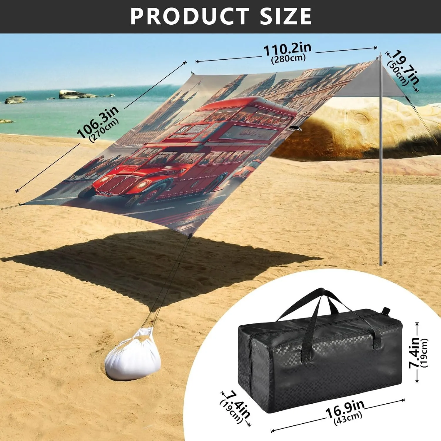 Cool Red Bus London Tent Beach Canopy 9.2 × 10.5 FT Outdoor Patio Sun Shade Funny Wind Sail Shade Camping Sun Shelter Yard with Sand Bags Poles