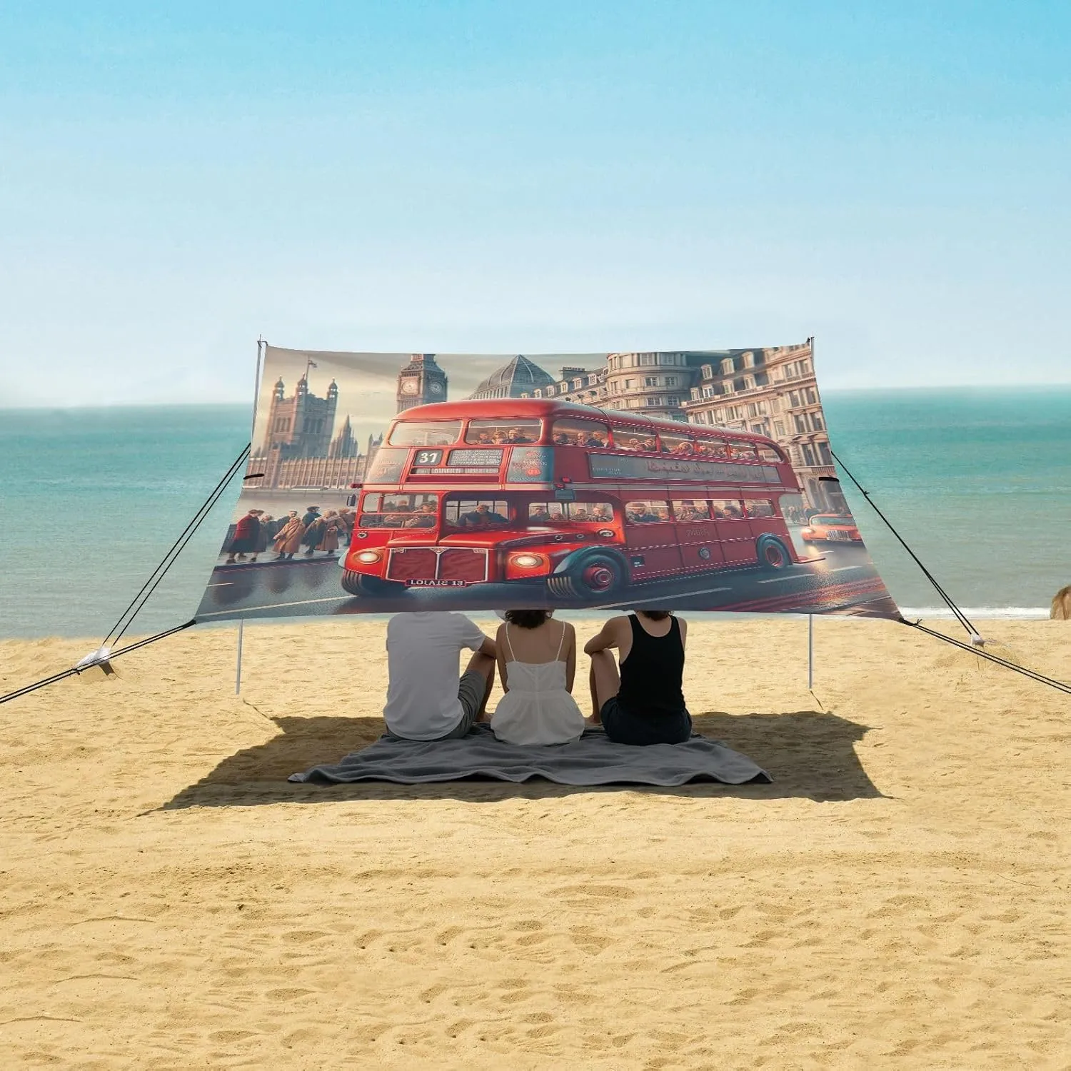 Cool Red Bus London Tent Beach Canopy 9.2 × 10.5 FT Outdoor Patio Sun Shade Funny Wind Sail Shade Camping Sun Shelter Yard with Sand Bags Poles