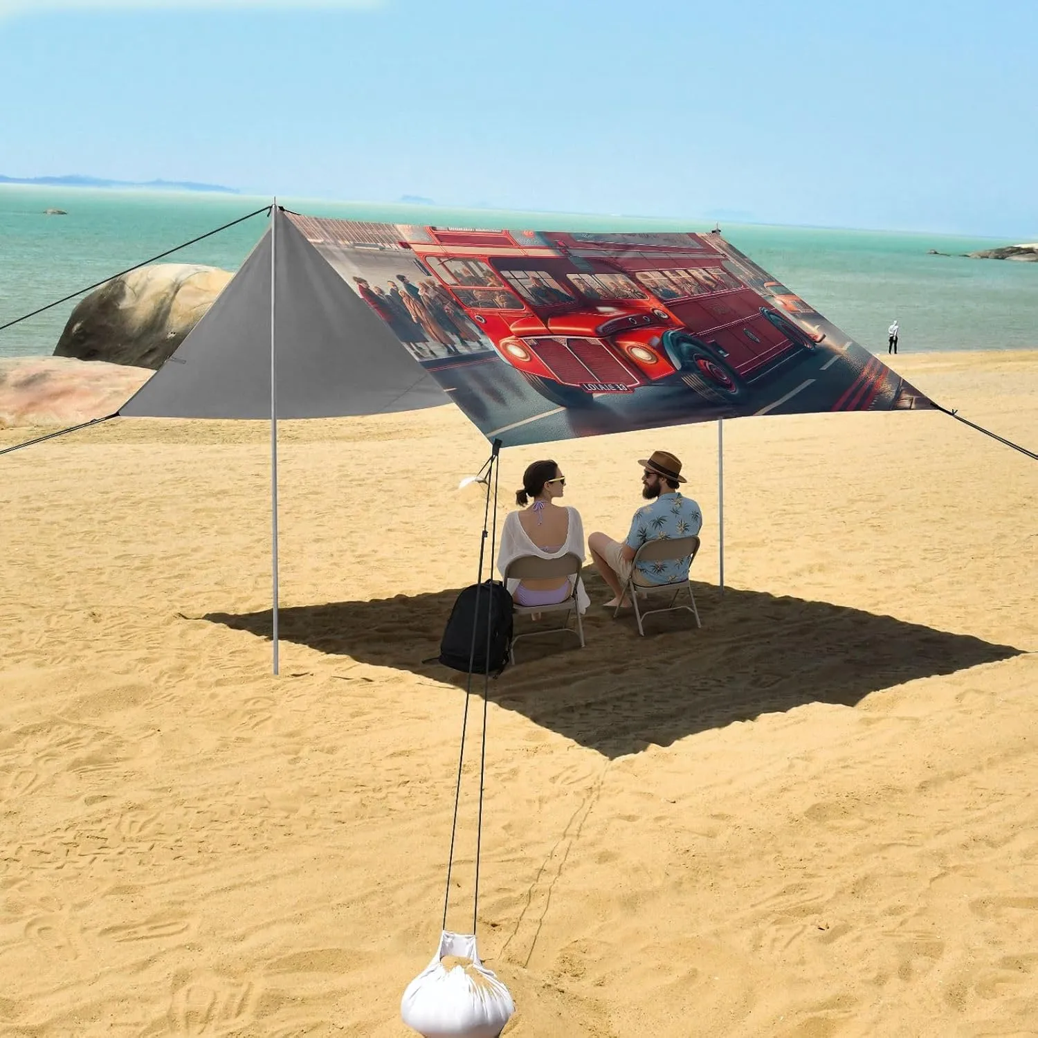 Cool Red Bus London Tent Beach Canopy 9.2 × 10.5 FT Outdoor Patio Sun Shade Funny Wind Sail Shade Camping Sun Shelter Yard with Sand Bags Poles