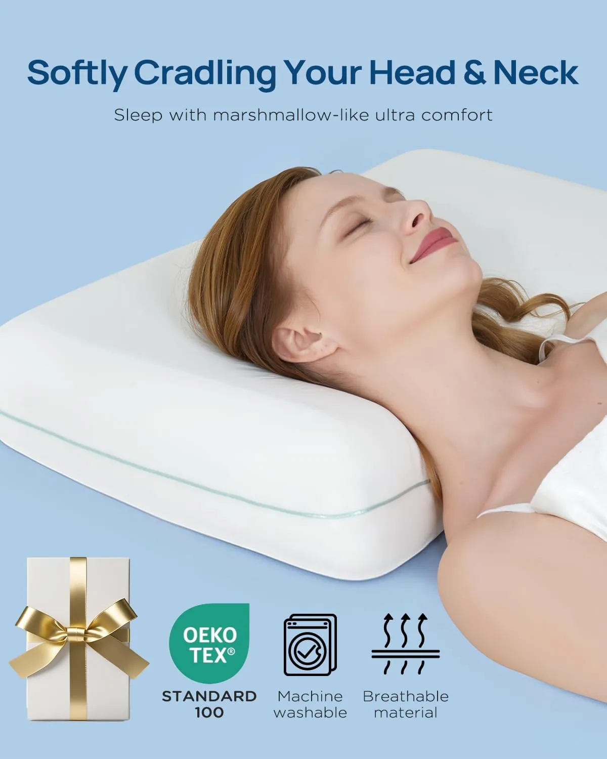 Cooling Soft Memory Foam Pillow, Cervical Neck Pillow for Side Sleepers, Back & Stomach Sleepers, Ergonomic Orthopedic Design for Neck Pain Relief and Deep Sleep, CertiPUR-US, White