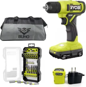 Cordless Drill Set Bundle with Ryobi 18V ONE  Drill Driver, 3/8 Inch Chuck, 40 Piece Bit Set, 1.5 Ah 18-Volt Lithium-ion Battery, 18-Volt Charger and Buho 16 Inch Tool Bag