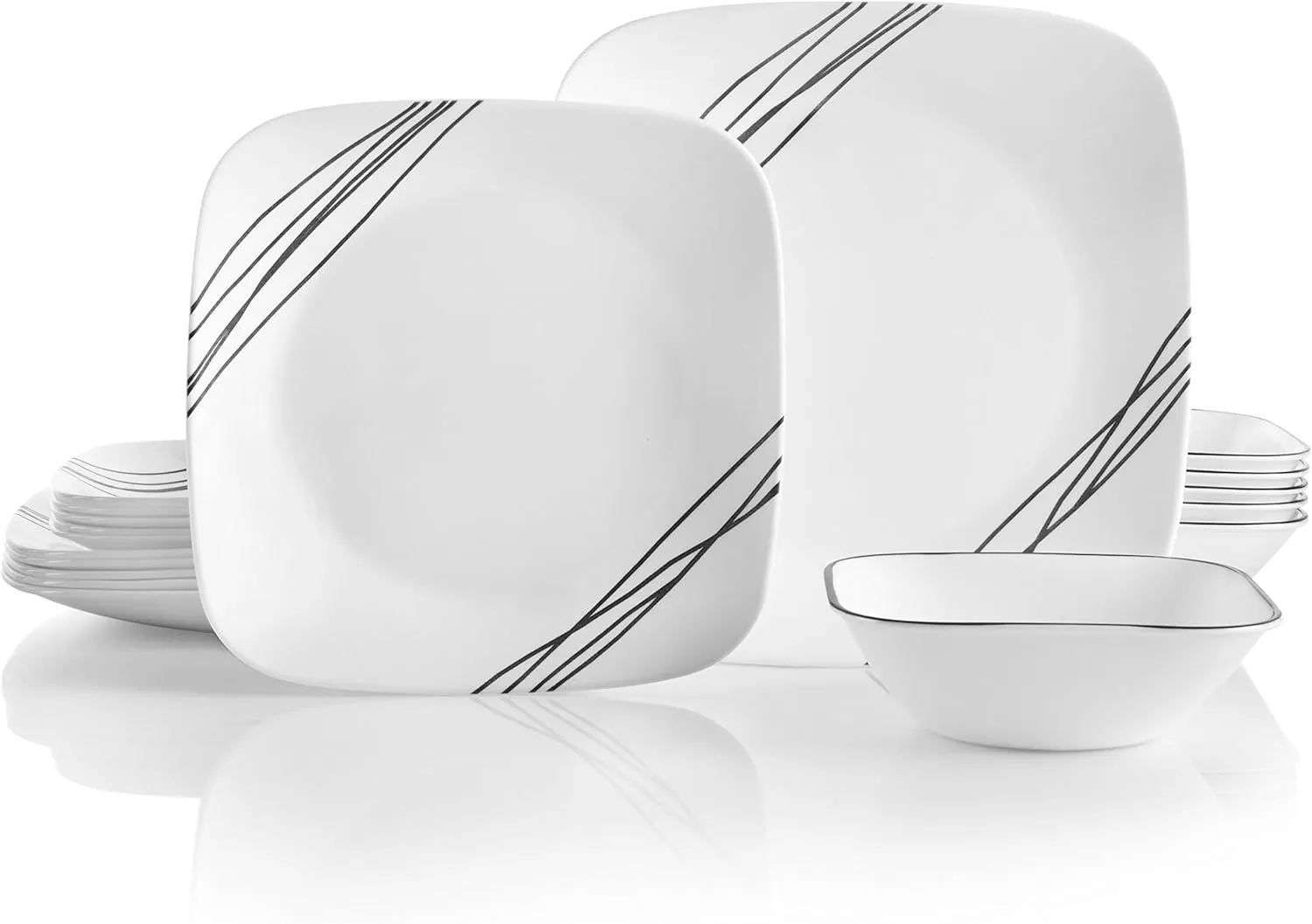 Corelle Vitrelle 18-Piece Service for 6 Dinnerware Set, Triple Layer Glass and Chip Resistant, Lightweight Square Plates and Bowls Set, Simple Sketch