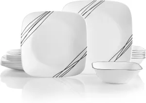 Corelle Vitrelle 18-Piece Service for 6 Dinnerware Set, Triple Layer Glass and Chip Resistant, Lightweight Square Plates and Bowls Set, Simple Sketch