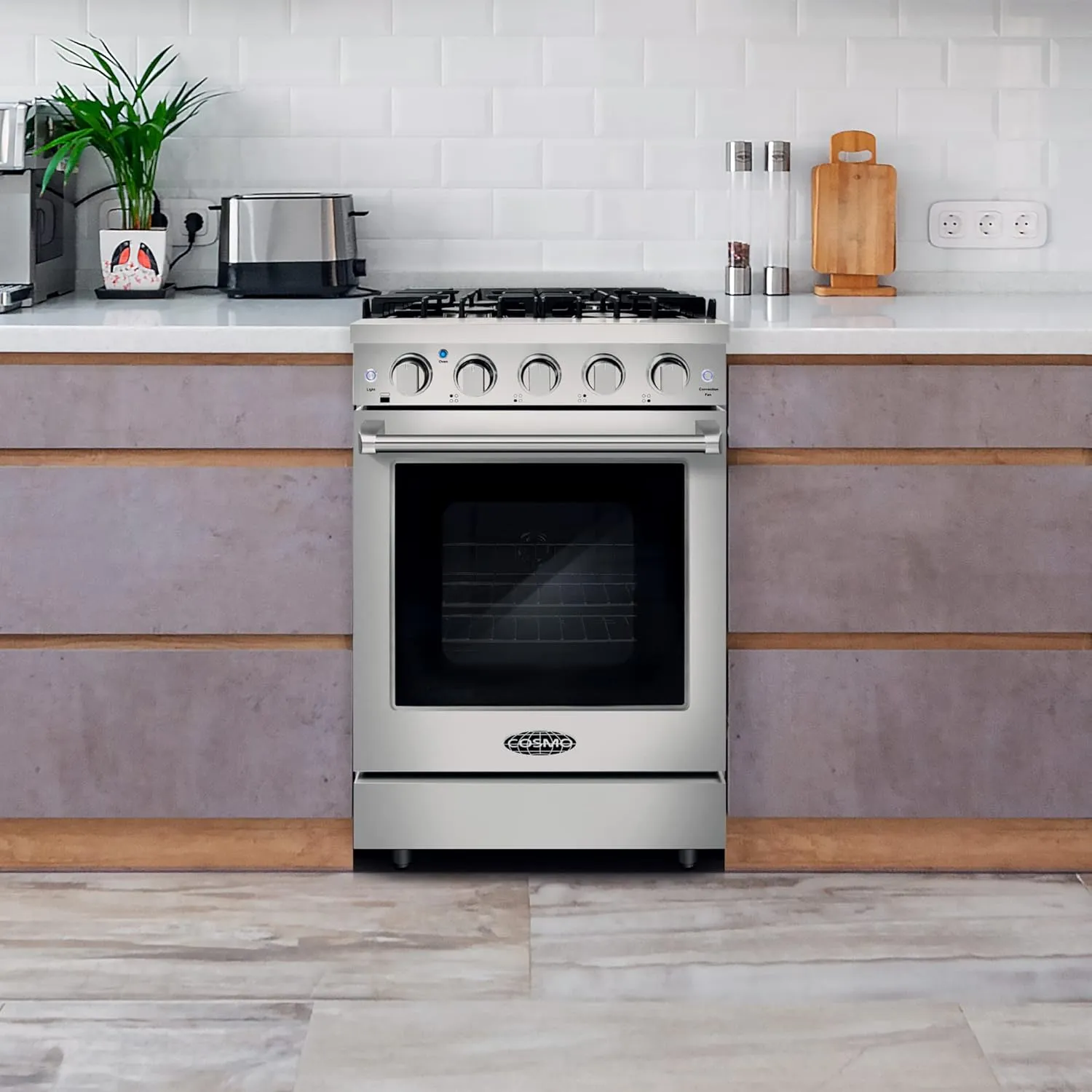 COSMO COS-EPGR244 24 in. Haven Collection 3.73 cu. ft. Gas Range with 4 Sealed Burners, Cast Iron Grates, Convection Oven, Stainless Steel