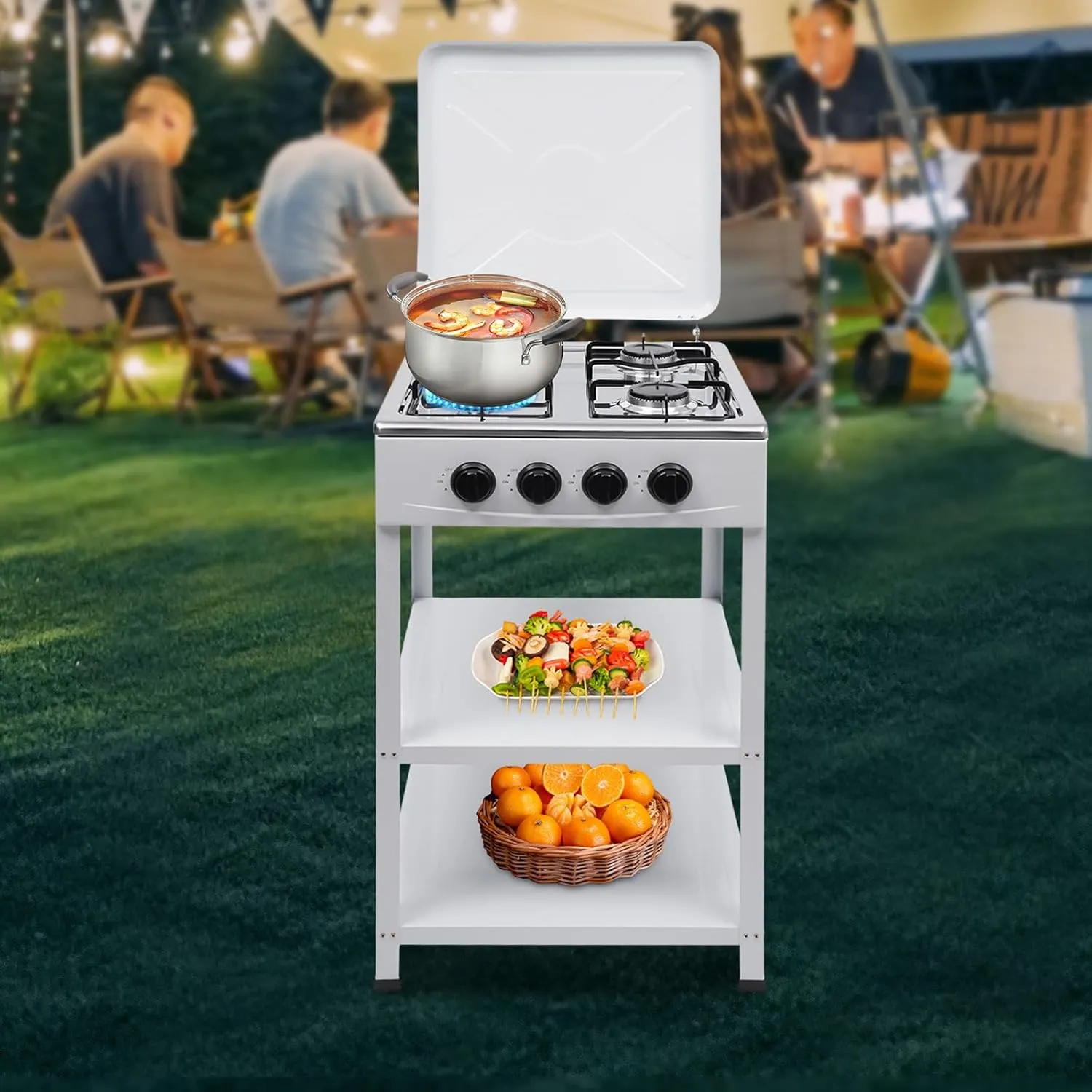 Countertop Natural Gas Stove 4 Burner, Commercial Kitchen Cooking Stove Set with Support Leg Stand,Wind Blocking Cover and Storage Shelves Restaurant Gas Stove for Patio, RV, Camping