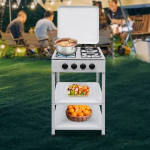 Countertop Natural Gas Stove 4 Burner, Commercial Kitchen Cooking Stove Set with Support Leg Stand,Wind Blocking Cover and Storage Shelves Restaurant Gas Stove for Patio, RV, Camping