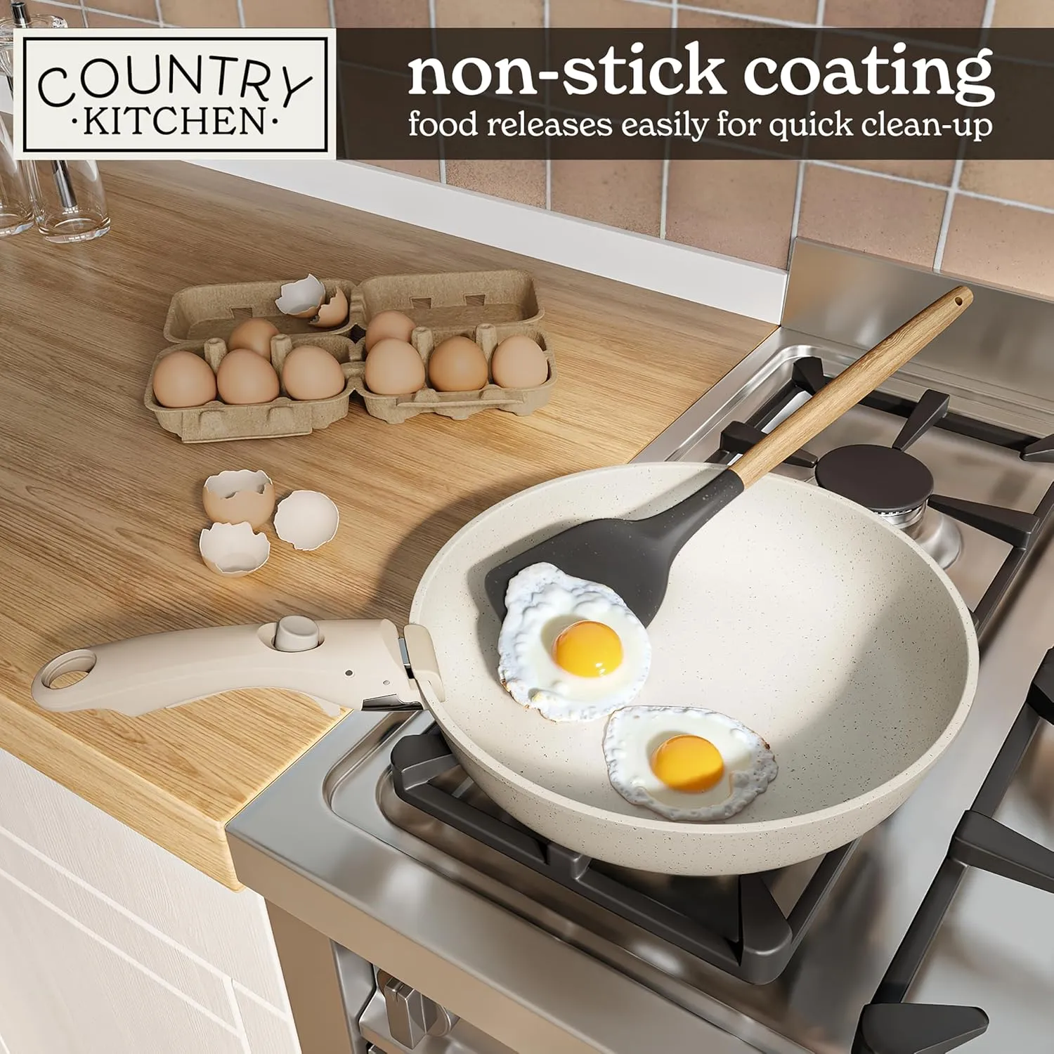 Country Kitchen Cookware Set with Removable Handle, Oven & RV Safe Pots and Pans Set, Cream, Original