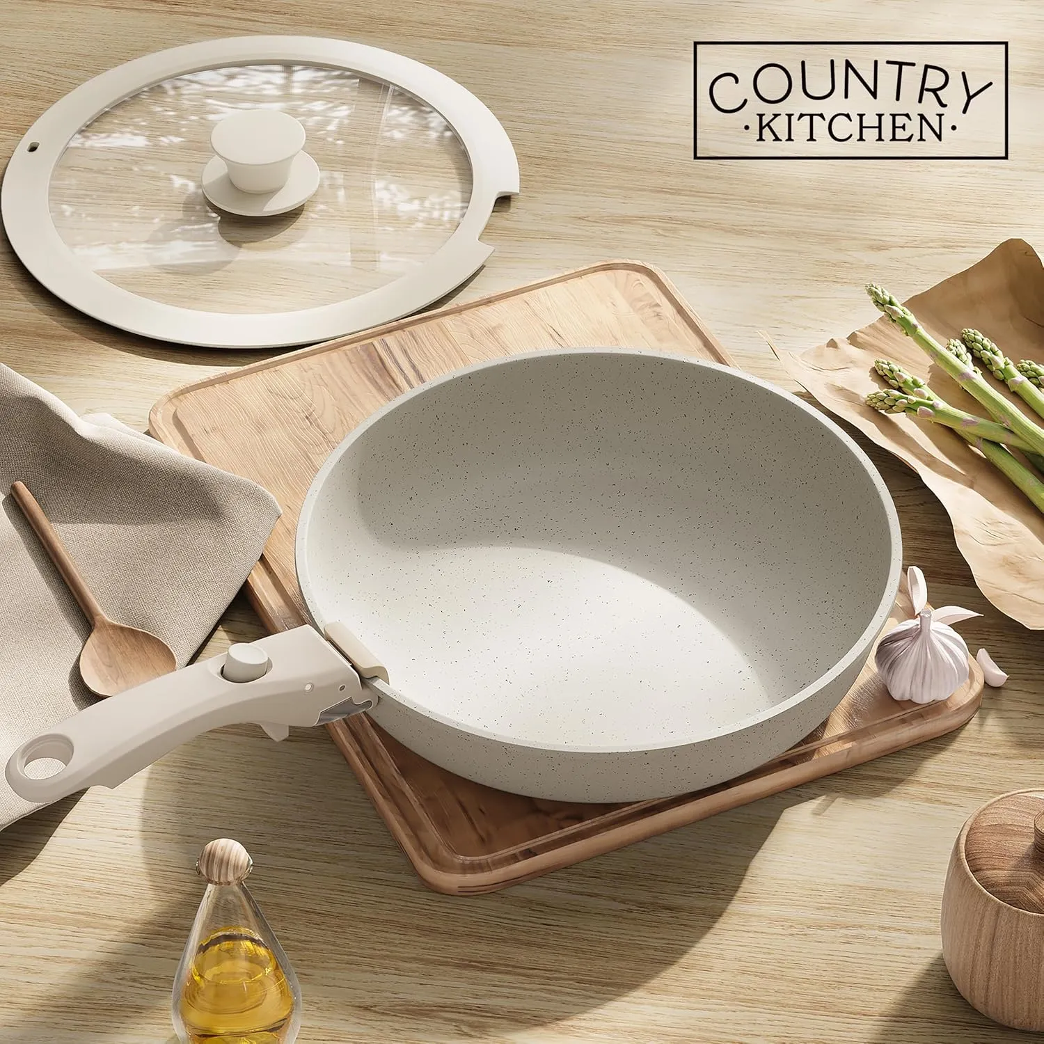 Country Kitchen Cookware Set with Removable Handle, Oven & RV Safe Pots and Pans Set, Cream, Original