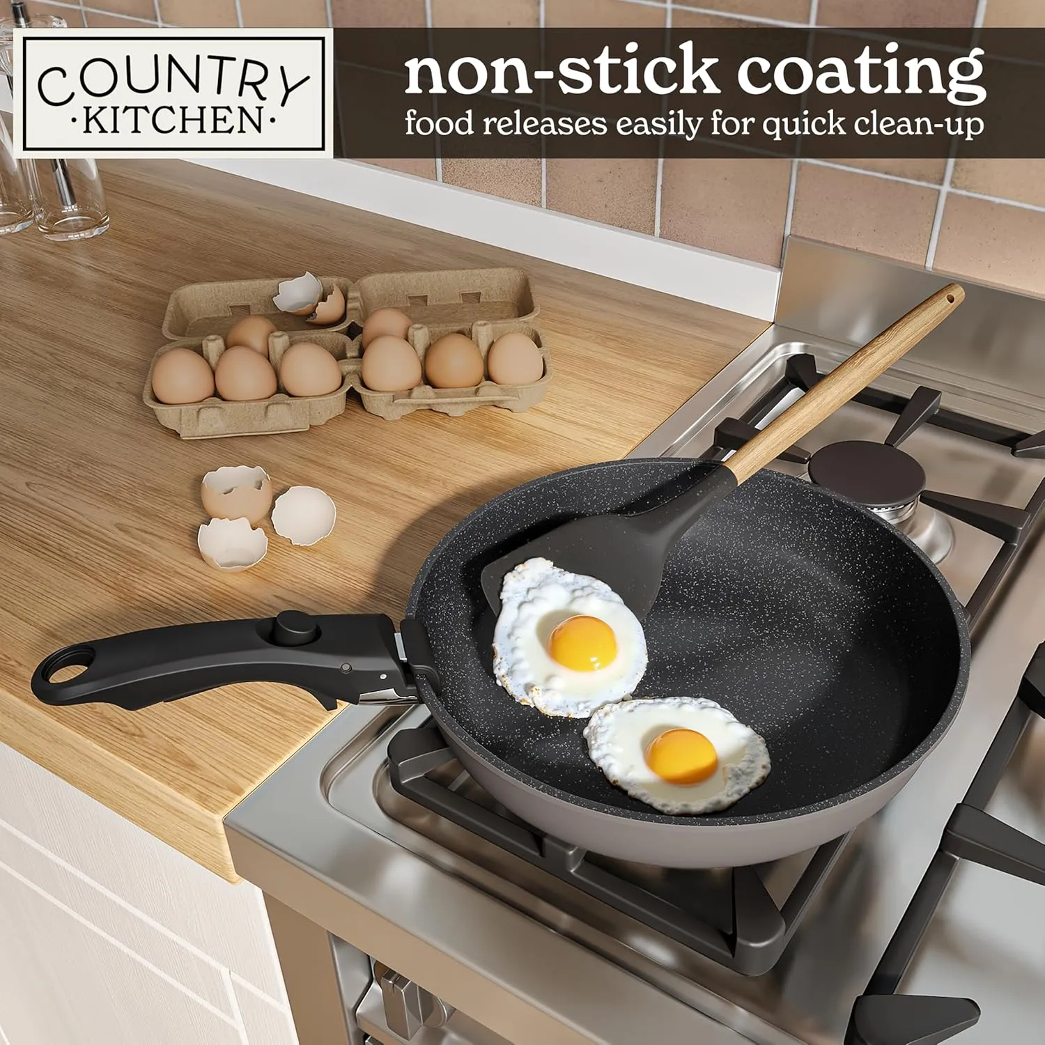 Country Kitchen Cookware Set with Removable Handle, Oven & RV Safe Pots and Pans Set, Grey/Black, Original