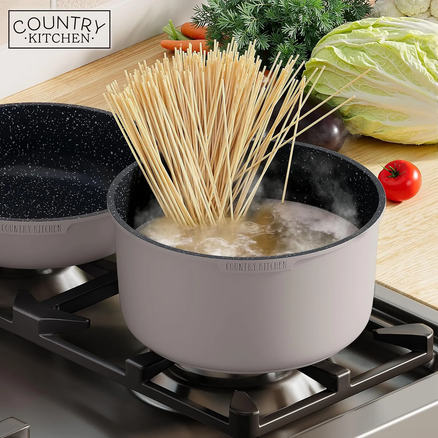 Country Kitchen Cookware Set with Removable Handle, Oven & RV Safe Pots and Pans Set, Grey/Black, Original