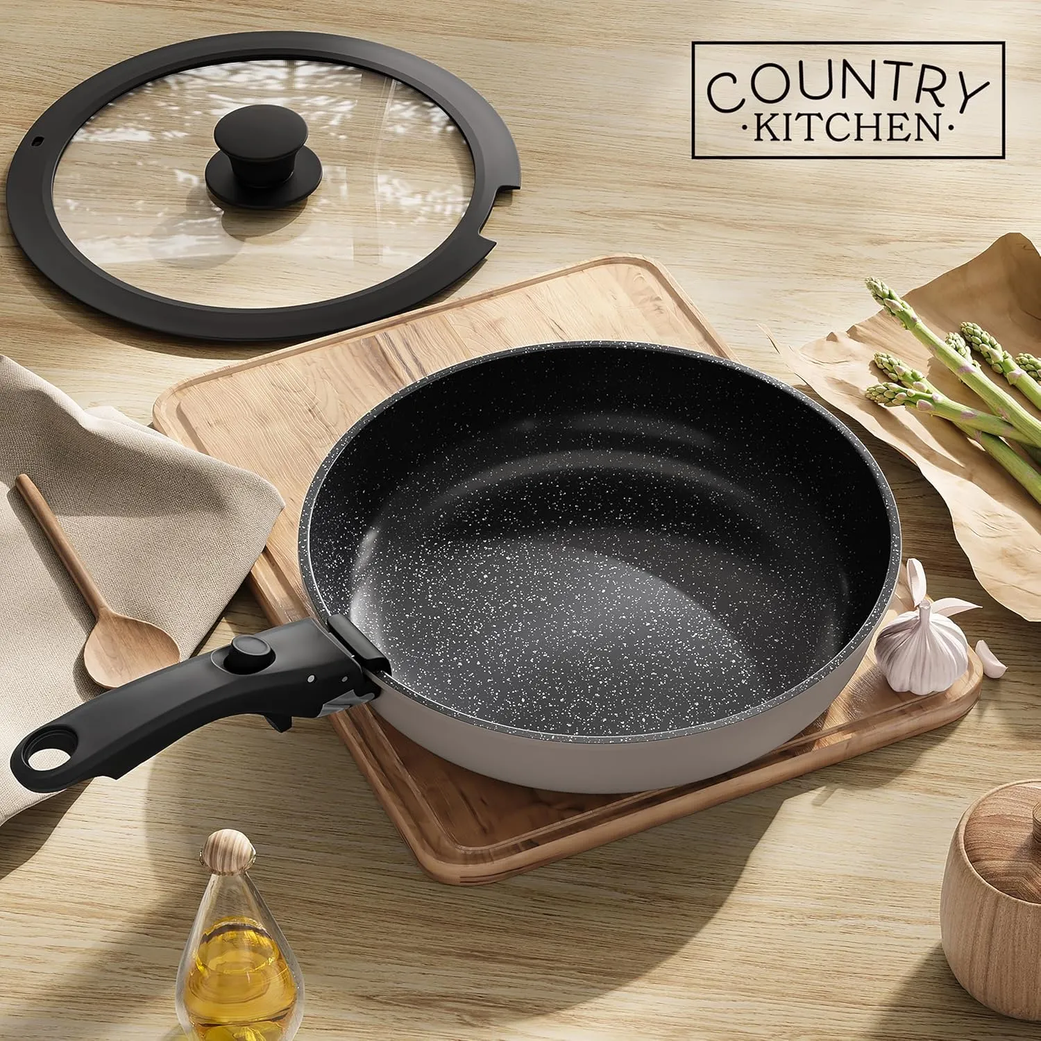 Country Kitchen Cookware Set with Removable Handle, Oven & RV Safe Pots and Pans Set, Grey/Black, Original