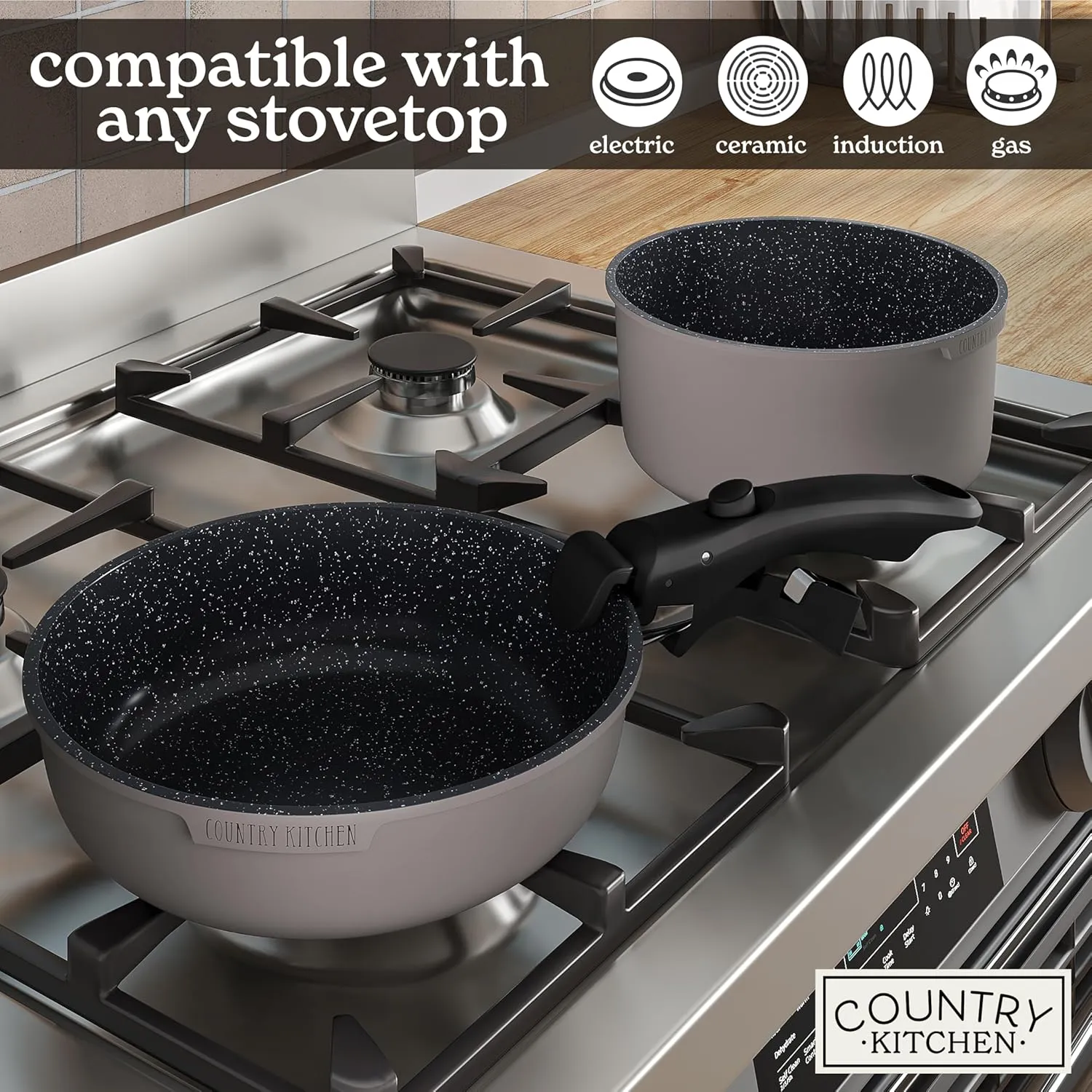 Country Kitchen Cookware Set with Removable Handle, Oven & RV Safe Pots and Pans Set, Grey/Black, Original