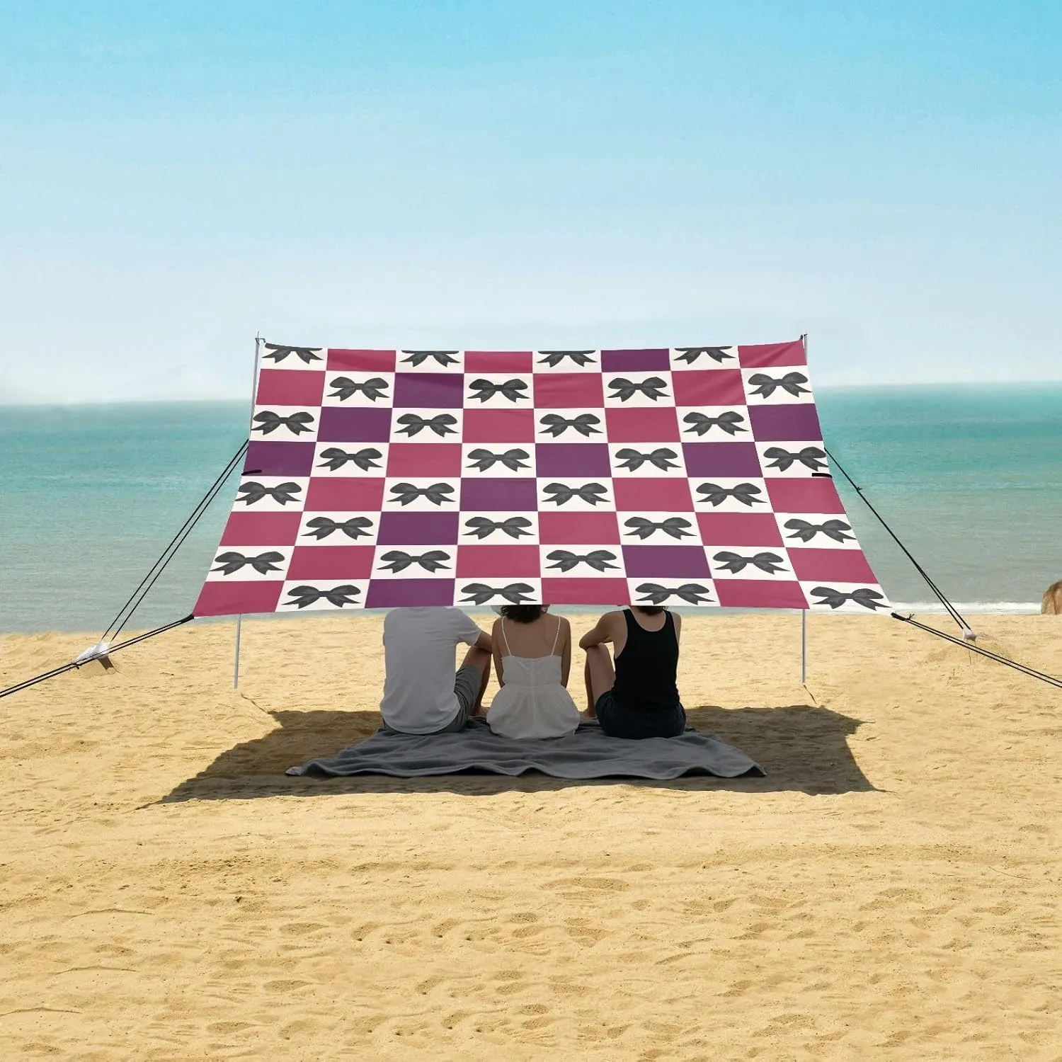 Creepy Checkered Bow Knots Beach Canopy Tent Anti-UV & Wind Resistant, Camping Sun Shelter Easy Setup Portable,Outdoor Shade Tents with Sandbags,Sand Shovels,Ground Pegs & Stability Poles