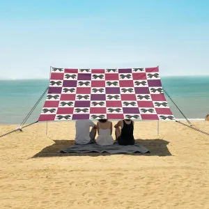 Creepy Checkered Bow Knots Beach Canopy Tent Anti-UV & Wind Resistant, Camping Sun Shelter Easy Setup Portable,Outdoor Shade Tents with Sandbags,Sand Shovels,Ground Pegs & Stability Poles