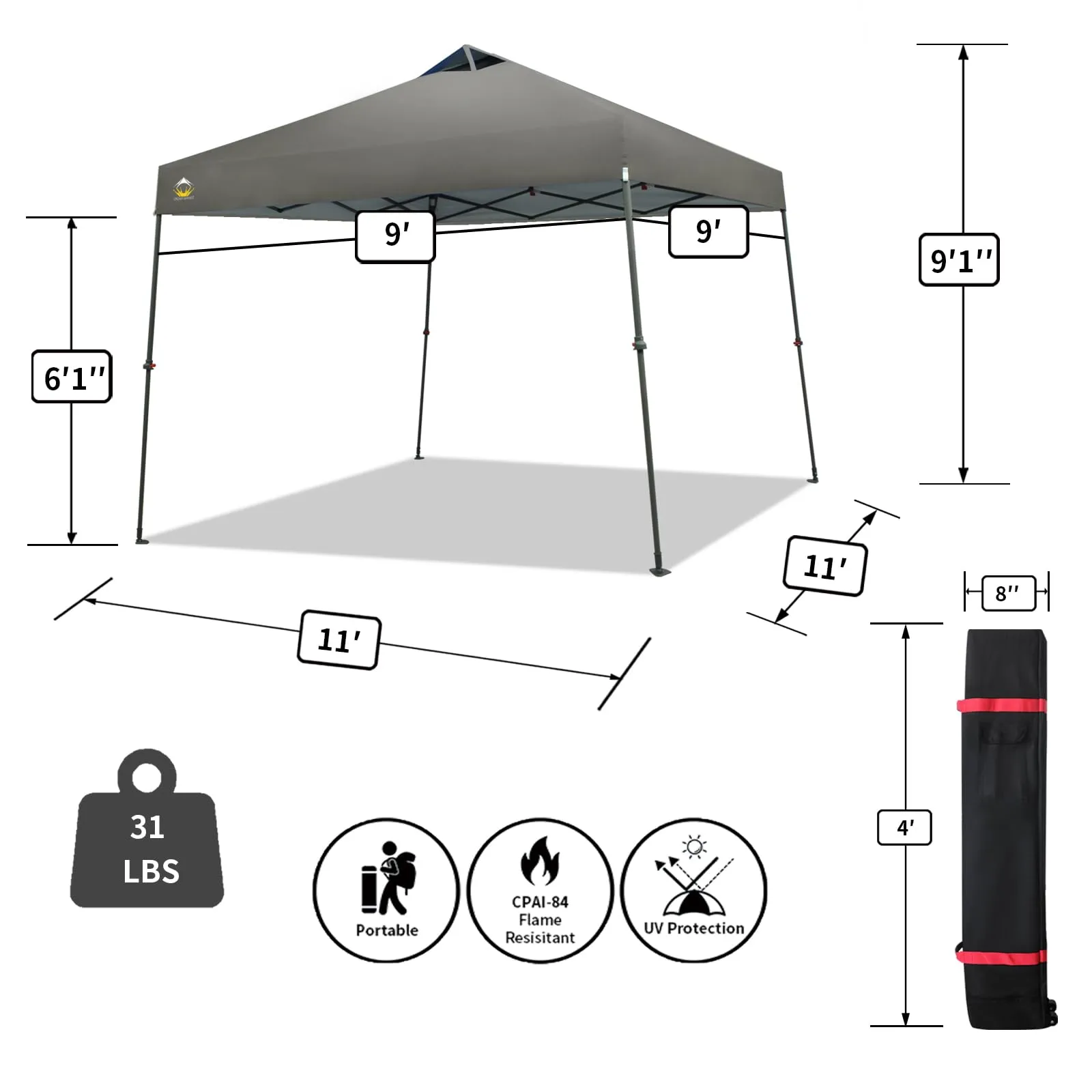 CROWN SHADES 9x9 Pop Up Canopy - Beach Tent with One Push Setup - Easy Outdoor Sun Shade for Events, Parties, Camping - Gazebo with STO-N-Go Cover Bag, Silver Coated Top, Gray