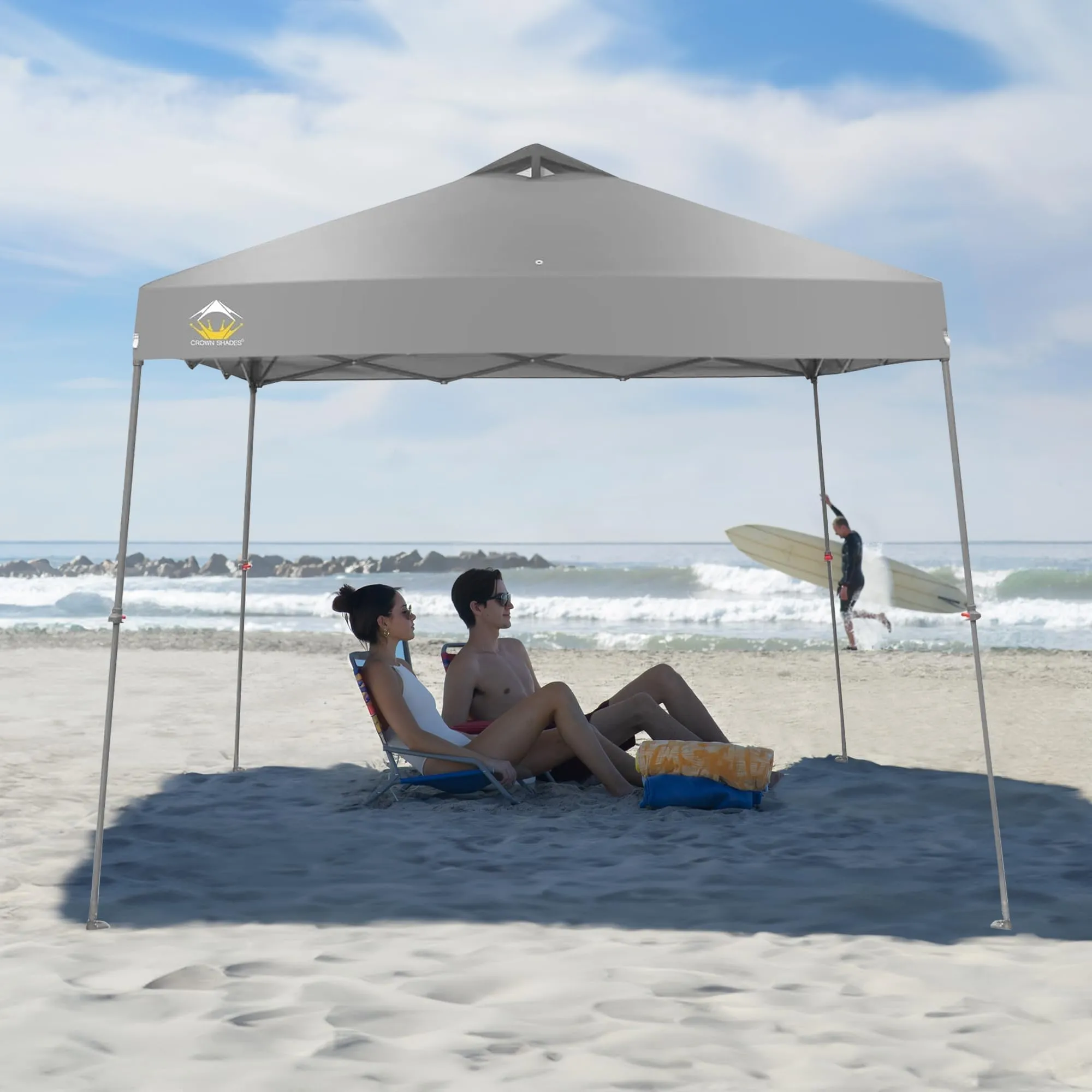 CROWN SHADES 9x9 Pop Up Canopy - Beach Tent with One Push Setup - Easy Outdoor Sun Shade for Events, Parties, Camping - Gazebo with STO-N-Go Cover Bag, Silver Coated Top, Gray