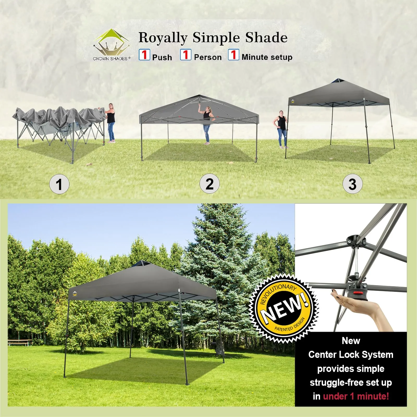 CROWN SHADES 9x9 Pop Up Canopy - Beach Tent with One Push Setup - Easy Outdoor Sun Shade for Events, Parties, Camping - Gazebo with STO-N-Go Cover Bag, Silver Coated Top, Gray