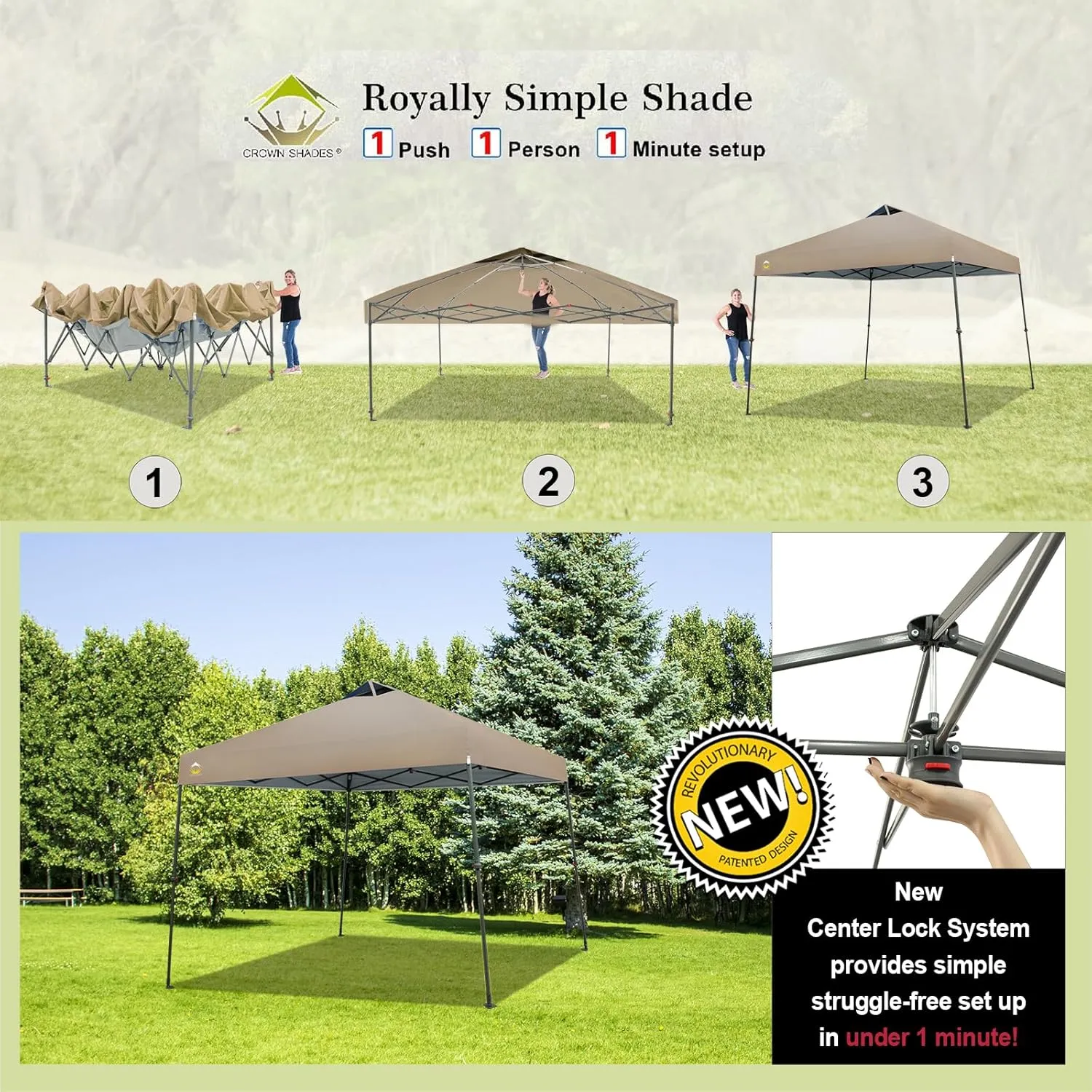 CROWN SHADES Pop Up Canopy - 11x11 Base Canopy Tent with One Push Setup - Pop Up Tent for Events, Parties, Camping - Gazebo with STO-N-Go Cover Bag, Silver Coated 9x9 Top, Beige