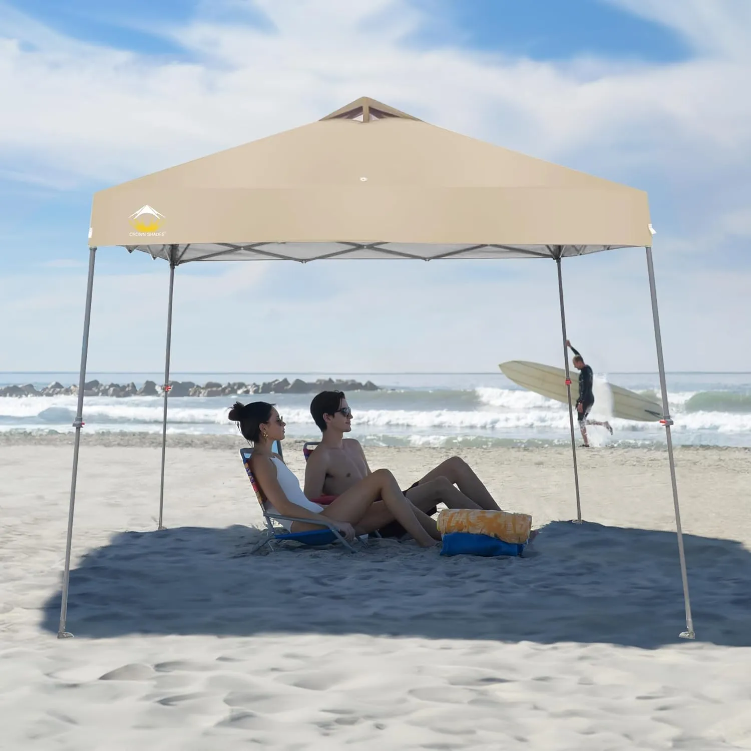 CROWN SHADES Pop Up Canopy - 11x11 Base Canopy Tent with One Push Setup - Pop Up Tent for Events, Parties, Camping - Gazebo with STO-N-Go Cover Bag, Silver Coated 9x9 Top, Beige