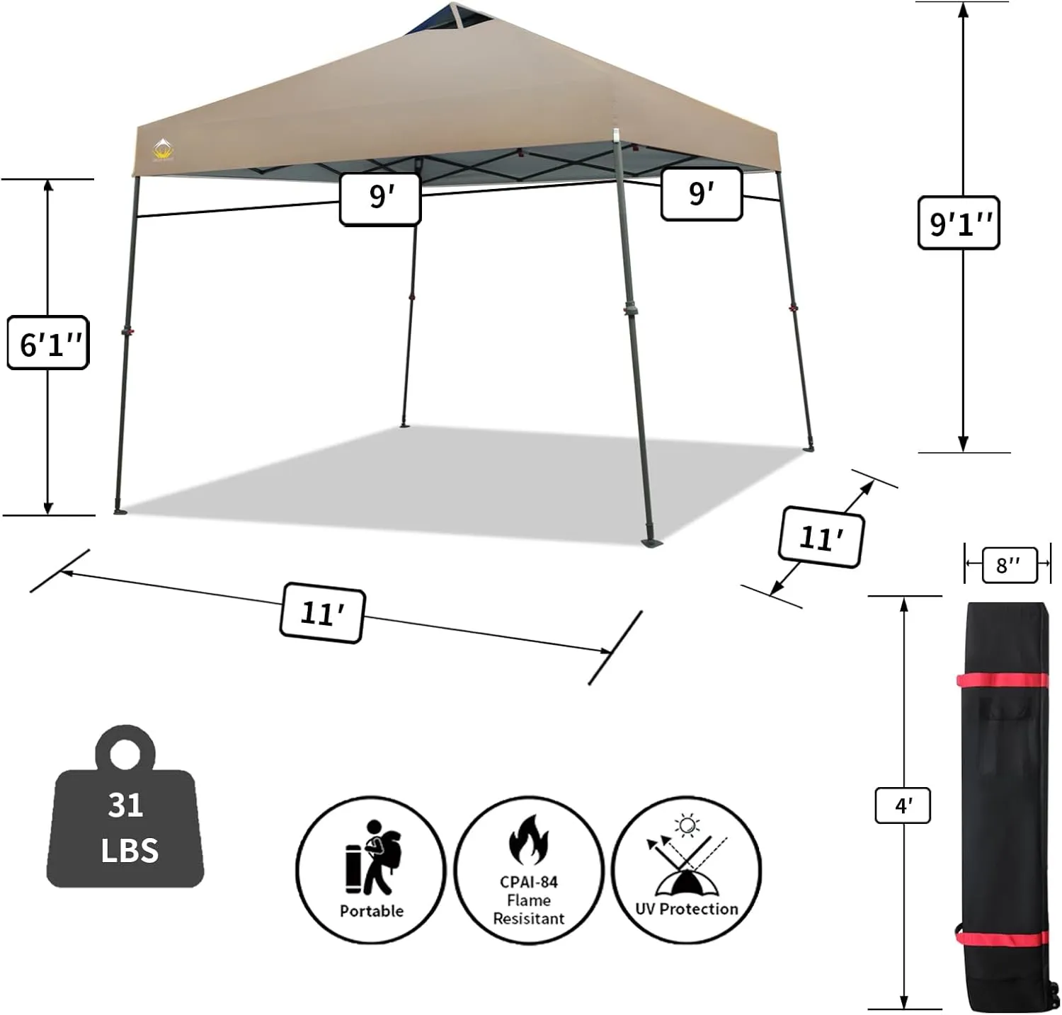 CROWN SHADES Pop Up Canopy - 11x11 Base Canopy Tent with One Push Setup - Pop Up Tent for Events, Parties, Camping - Gazebo with STO-N-Go Cover Bag, Silver Coated 9x9 Top, Beige