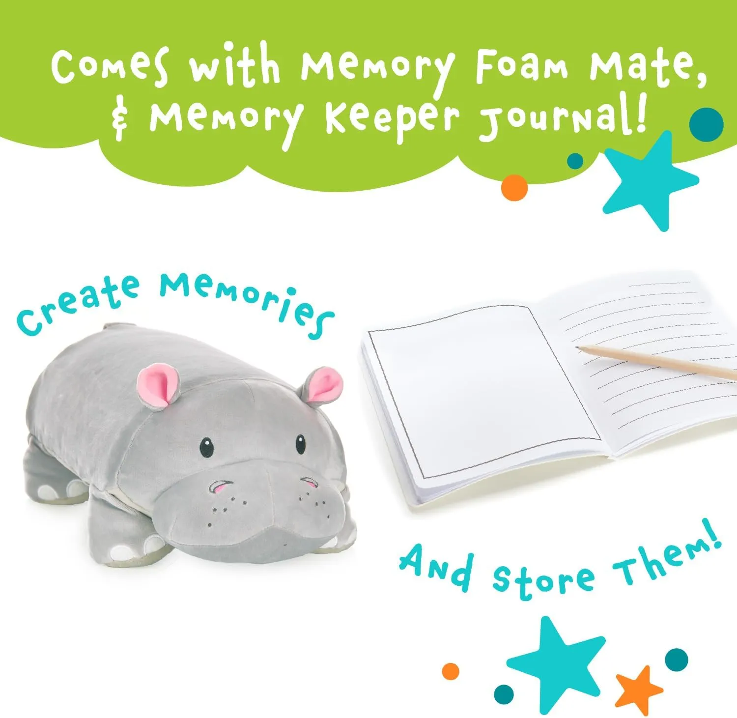 Cuddly Memory Foam Pillow Plush with Belly Pocket, Kids Pillow for Hugging Sleeping & Storing Diary, 15” Stuffed Animal & Journal Set - Gloria The Hippo