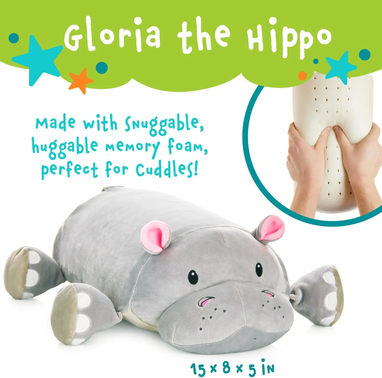 Cuddly Memory Foam Pillow Plush with Belly Pocket, Kids Pillow for Hugging Sleeping & Storing Diary, 15” Stuffed Animal & Journal Set - Gloria The Hippo
