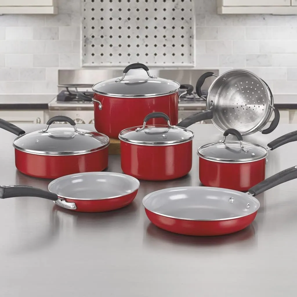 Cuisinart 54C-11R 11-Piece Ceramica XT Nonstick Cookware Set, Red/Stainless Steel
