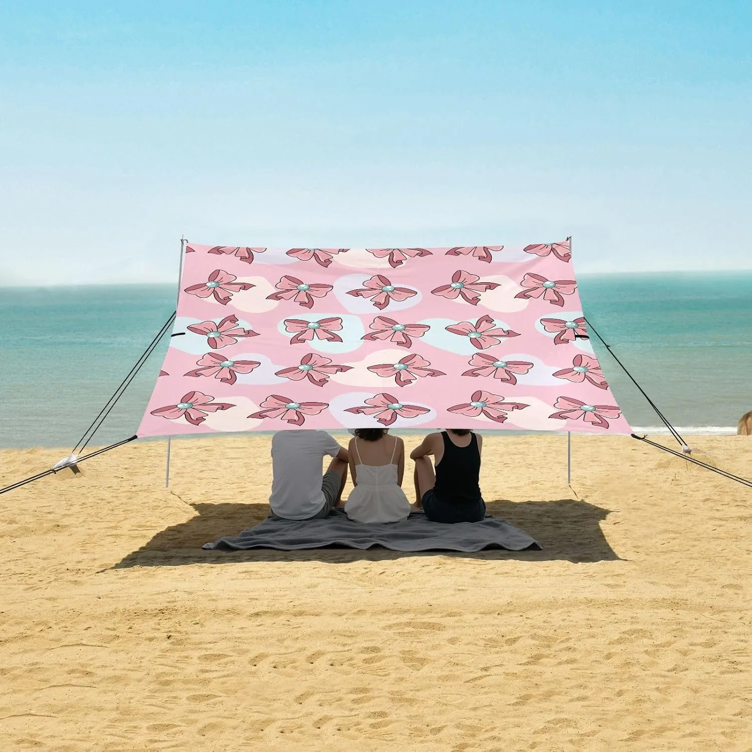 Cute Bow Ribbon Pastel Beach Camping Tent Sun Shelter for Whole Family, Beach Shade Canopy with UPF50  UV Protection,Easy Set Up and Carry,Outdoor Shade for Trips, Fishing, Backyard Fun Picnics