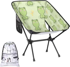 Cute Frog Camping Chairs for Adults Ultralight Folding Chairs Outside Portable Camp Backpacking Chair with Side Pocket Storage Bag Compact Beach Chairs for Hiking Fishing