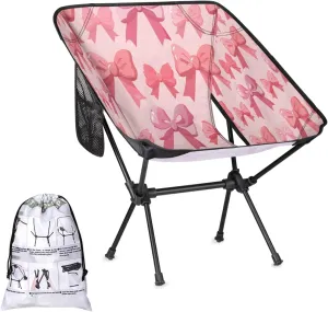 Cute Pink Bow Camping Chairs for Adults Ultralight Folding Chairs Outside Portable Camp Backpacking Chair with Side Pocket Storage Bag Compact Beach Chairs for Hiking Fishing