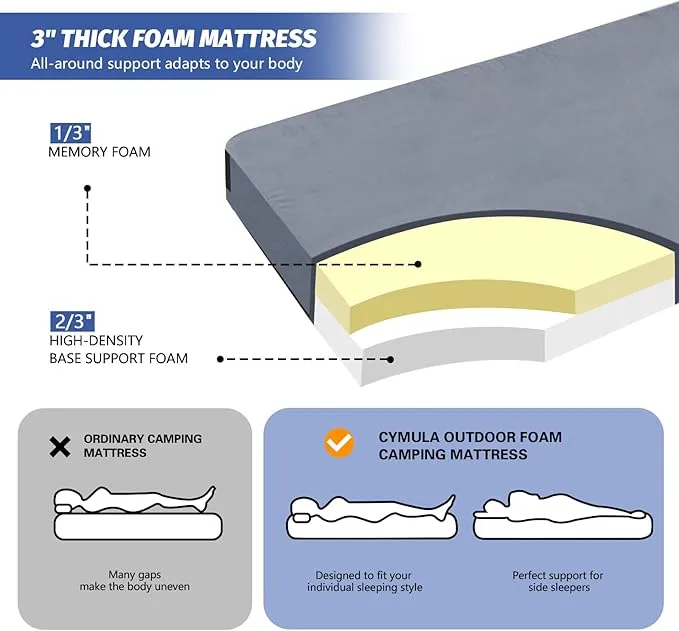 CYMULA Memory Foam Camping Mattress Pad, CertiPUR-US Sleeping Mat Portable Roll Up Mattress for Adults, Camping Bed Pads for Sleeping, Guest Bed for Sleepover Car Bed with Travel Bag