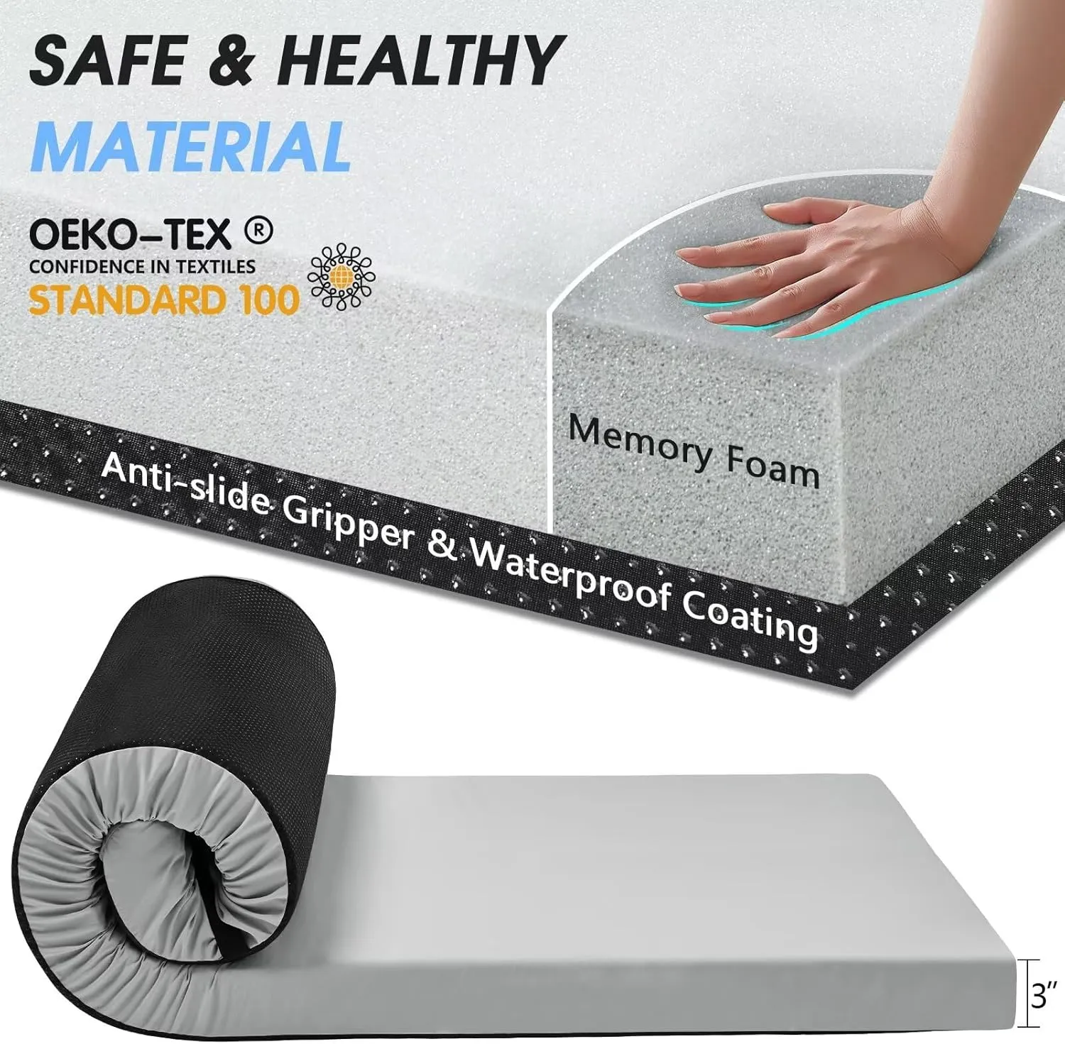CYMULA Memory Foam Camping Mattress Pad,3inch Sleeping Pad for Camping,Non-Slip Bottom Floor Cot Mattress Bed with Retaining Portable Roll up Mattress Pad Mat for Travel Truck Guest Bed Tent