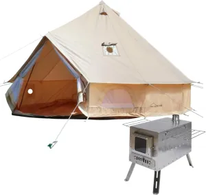 DANCHEL OUTDOOR 4 Season Bell Tent with Stove Jack, Canvas Tent with Large Tent Stove for 4 Peson Camping Hunting, 4m/13ft Khaki