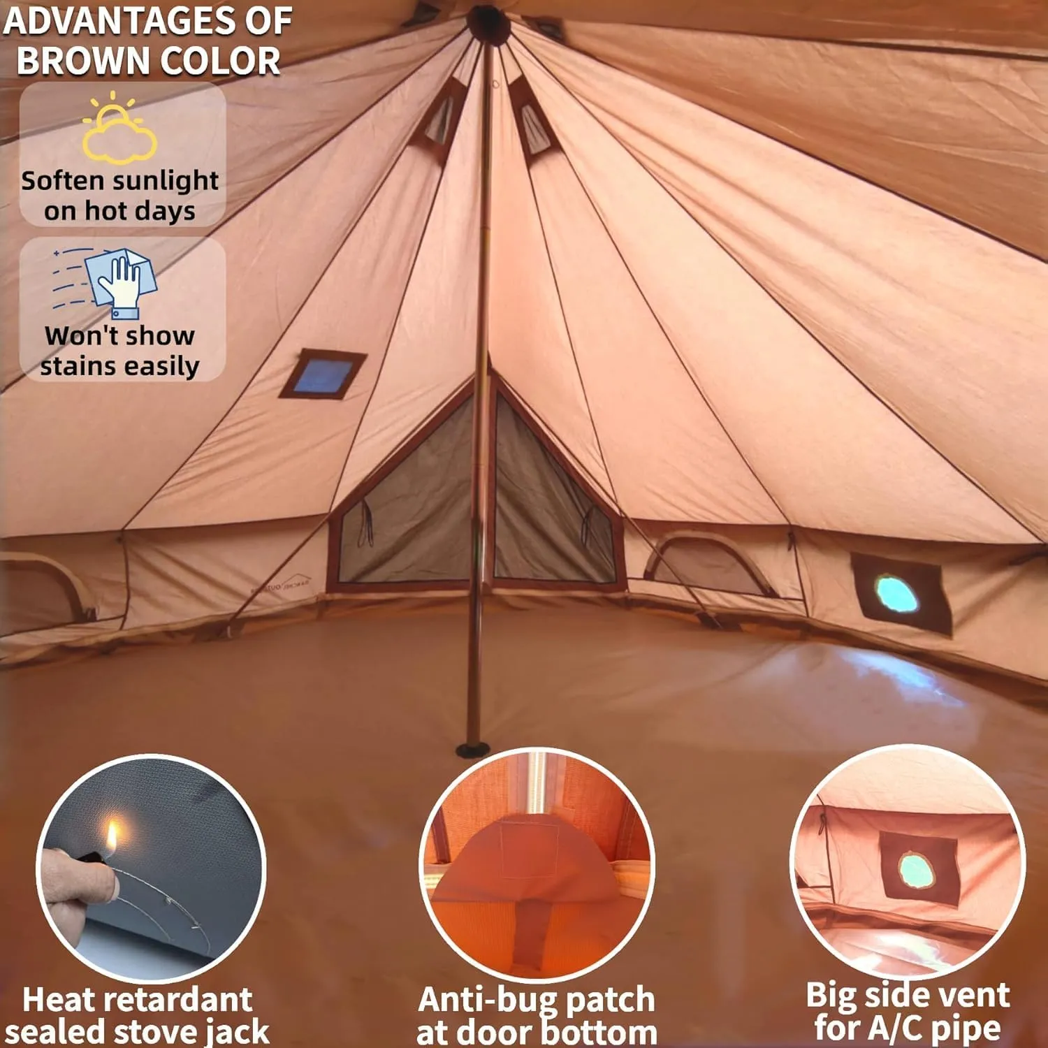 DANCHEL OUTDOOR Canvas Bell Tent with Large Tent Stove, 4 Season Yurt with Stove Jack for All Year Living 4/6/8 Person Hot Tent Camping Glamping, 13/16.4/20ft Khaki
