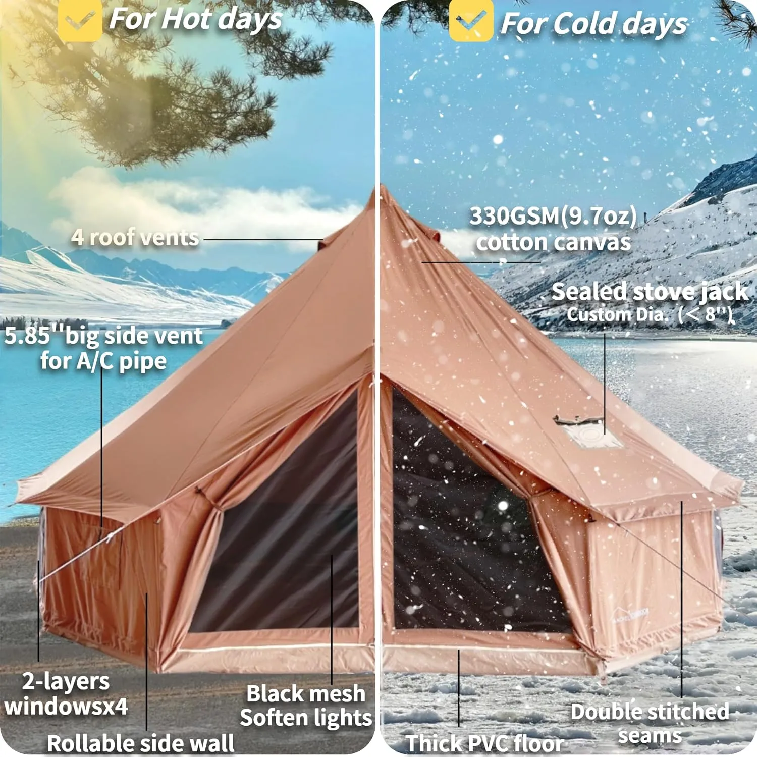 DANCHEL OUTDOOR Canvas Bell Tent with Large Tent Stove, 4 Season Yurt with Stove Jack for All Year Living 4/6/8 Person Hot Tent Camping Glamping, 13/16.4/20ft Khaki