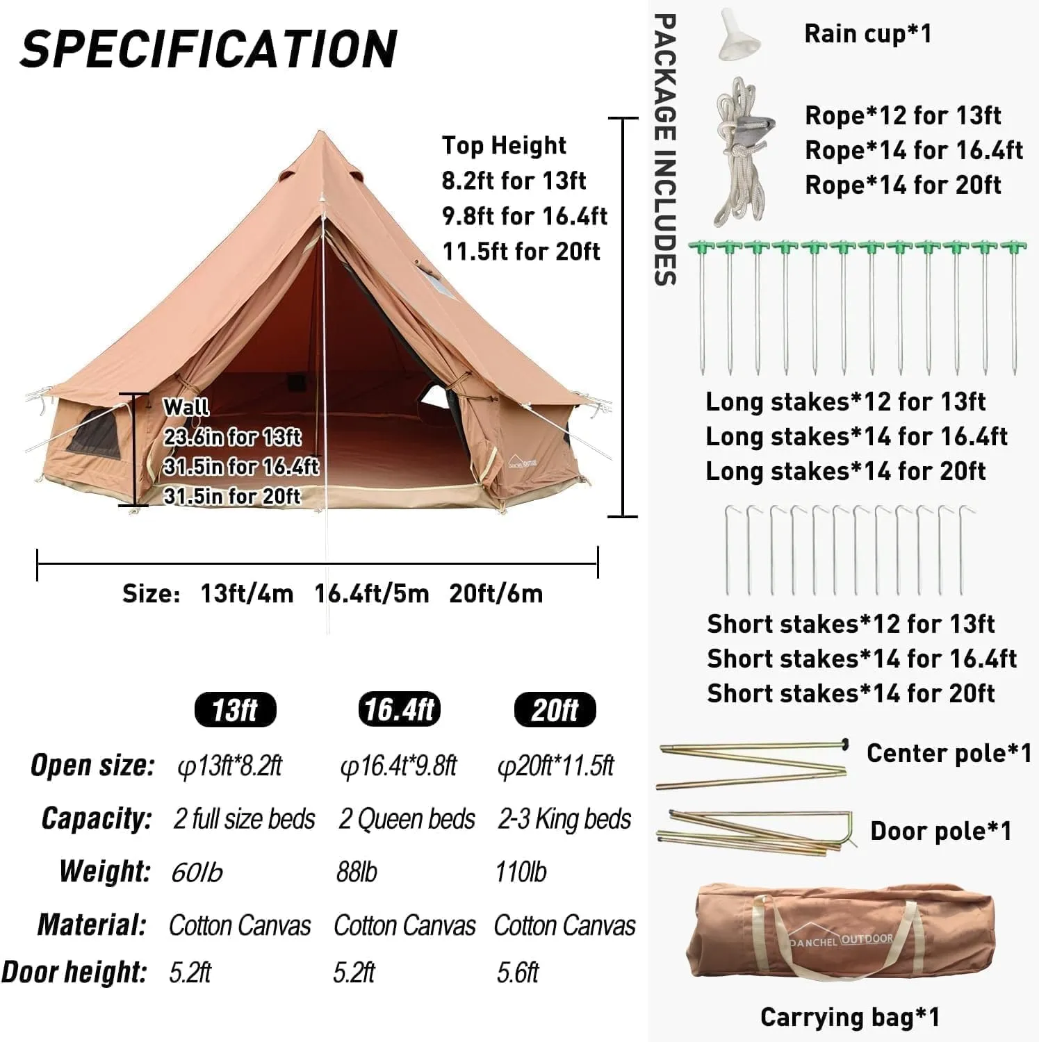 DANCHEL OUTDOOR Canvas Bell Tent with Large Tent Stove, 4 Season Yurt with Stove Jack for All Year Living 4/6/8 Person Hot Tent Camping Glamping, 13/16.4/20ft Khaki