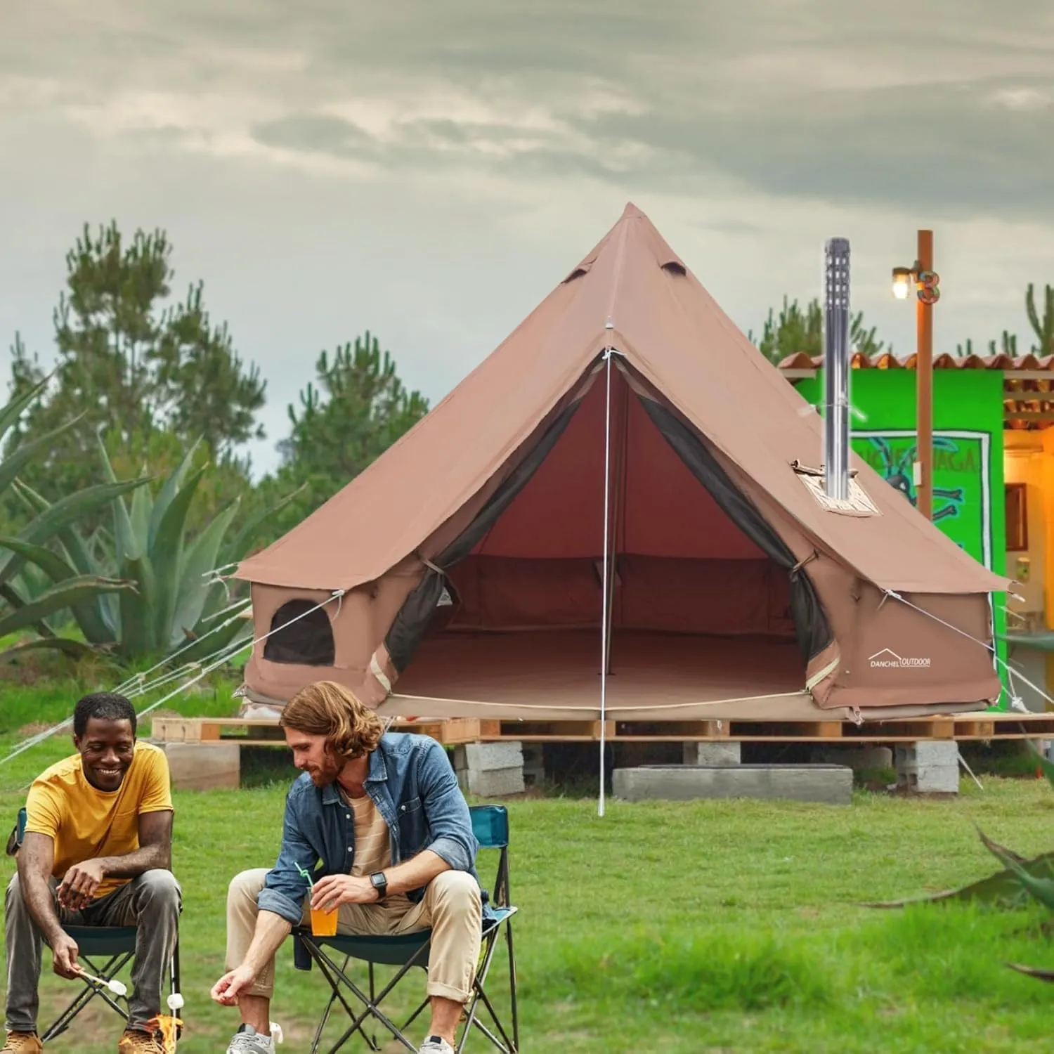 DANCHEL OUTDOOR Canvas Bell Tent with Large Tent Stove, 4 Season Yurt with Stove Jack for All Year Living 4/6/8 Person Hot Tent Camping Glamping, 13/16.4/20ft Khaki