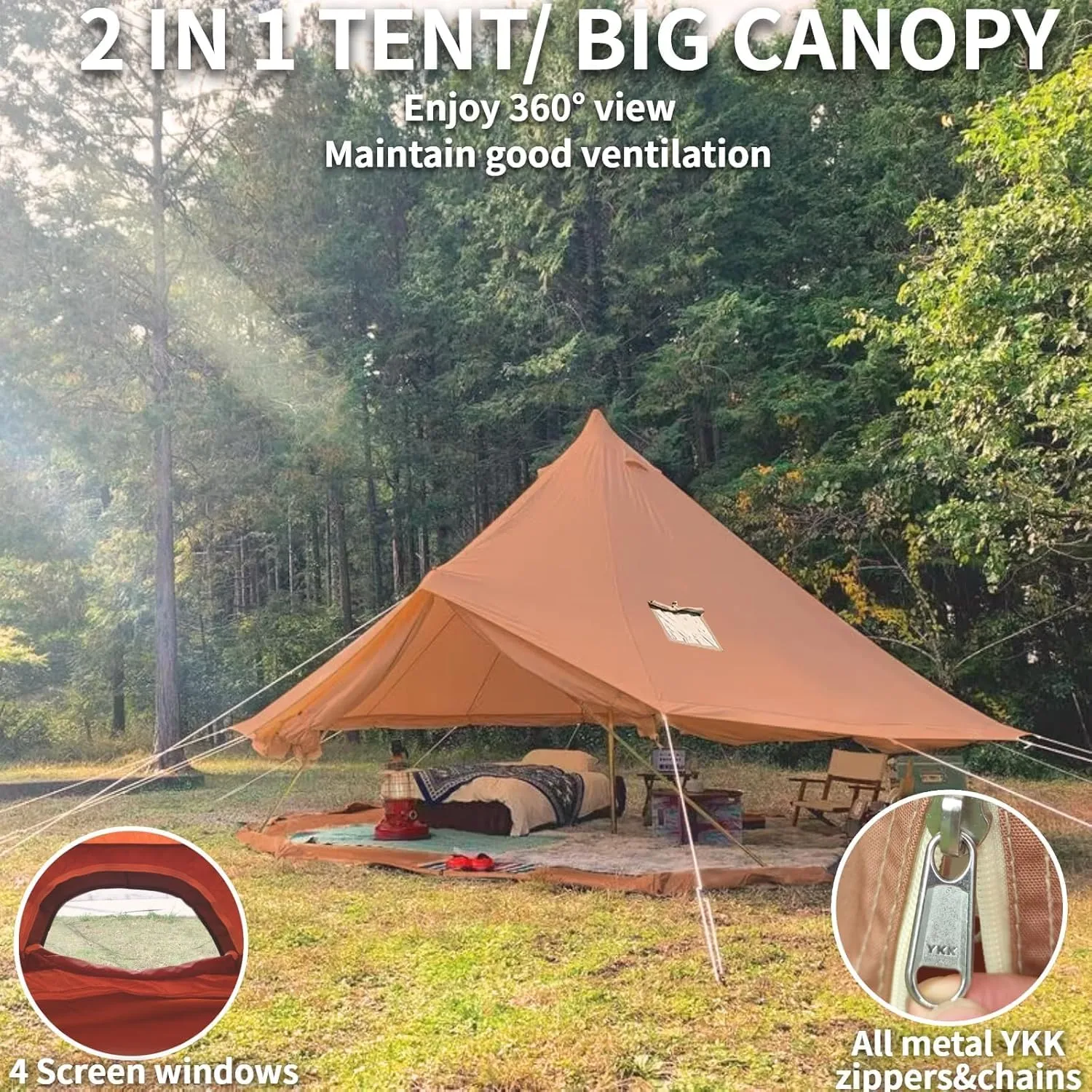 DANCHEL OUTDOOR Canvas Bell Tent with Large Tent Stove, 4 Season Yurt with Stove Jack for All Year Living 4/6/8 Person Hot Tent Camping Glamping, 13/16.4/20ft Khaki